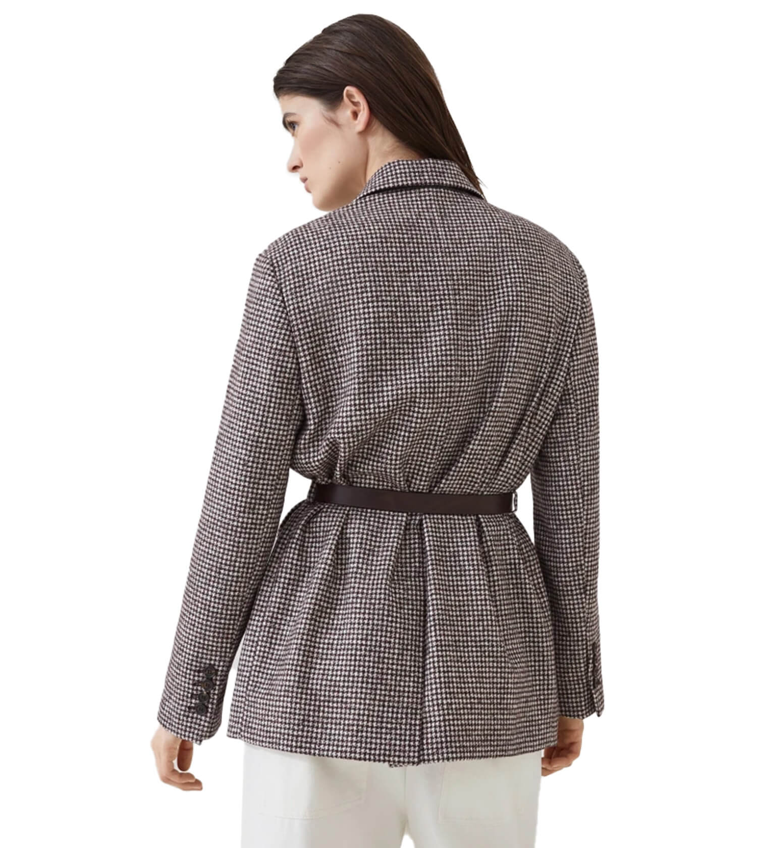 BRUNELLO CUCINELLI Wool And Alpaca Houndstooth Blazer With Leather Belt And Monili