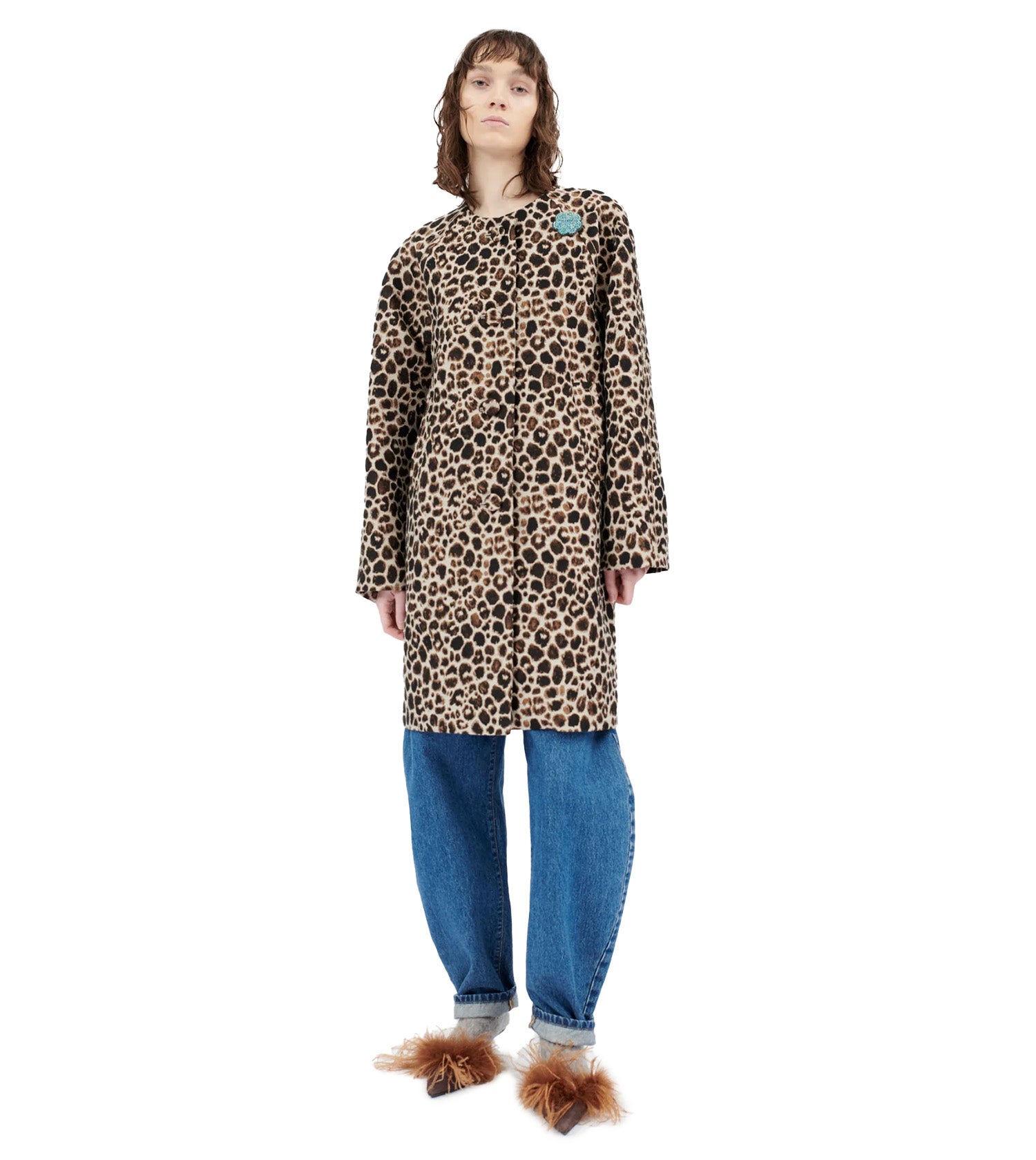 ODEEH Animal Printed Hidden Buttons Coat