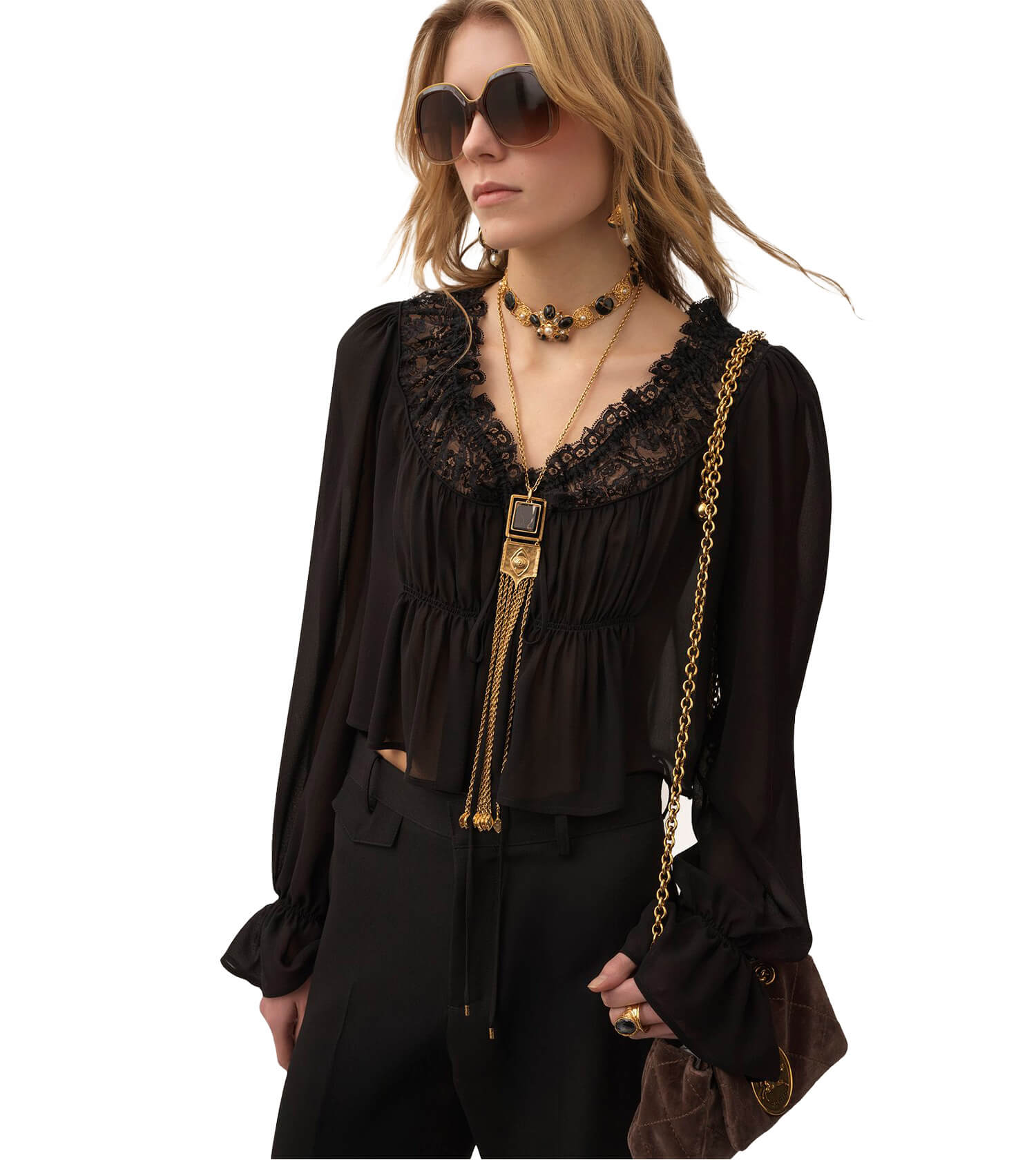 CHLOÉ Lace Ruffle Black Top