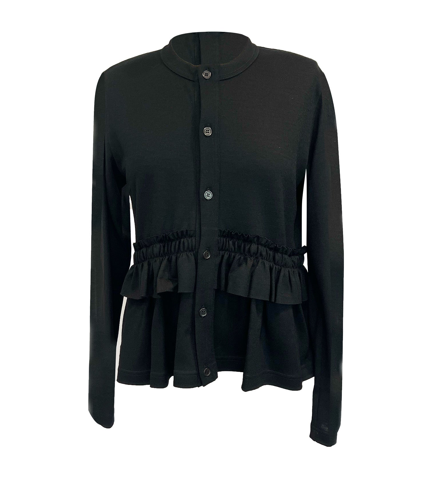 This jacket is made of a wool and cashmere drap. It features an ample fit and a V neckline with a notch lapel. A double breasted buttoning, two flap pockets, generous sleeves and two small side vents complete the details.