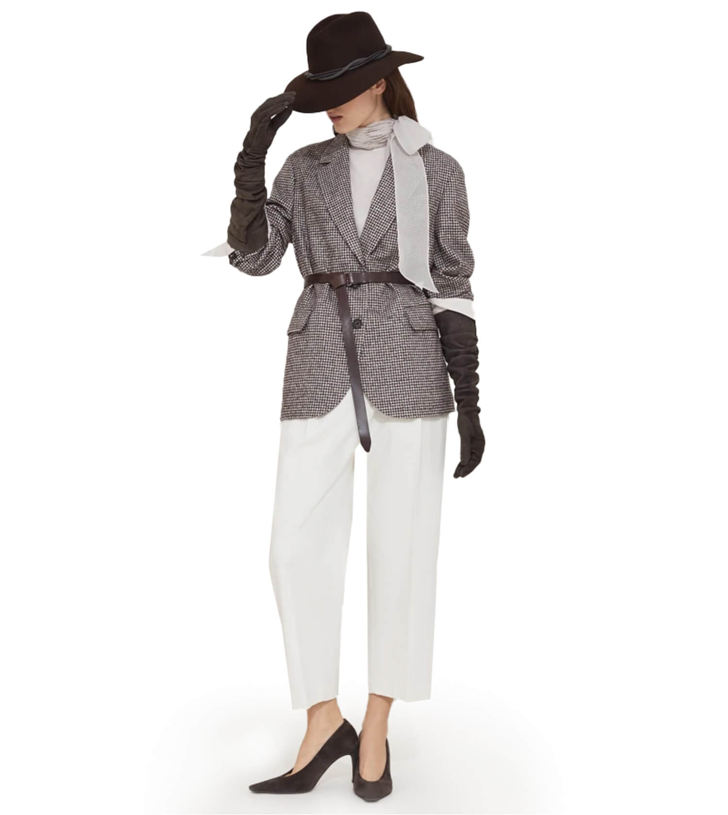 BRUNELLO CUCINELLI Wool And Alpaca Houndstooth Blazer With Leather Belt And Monili