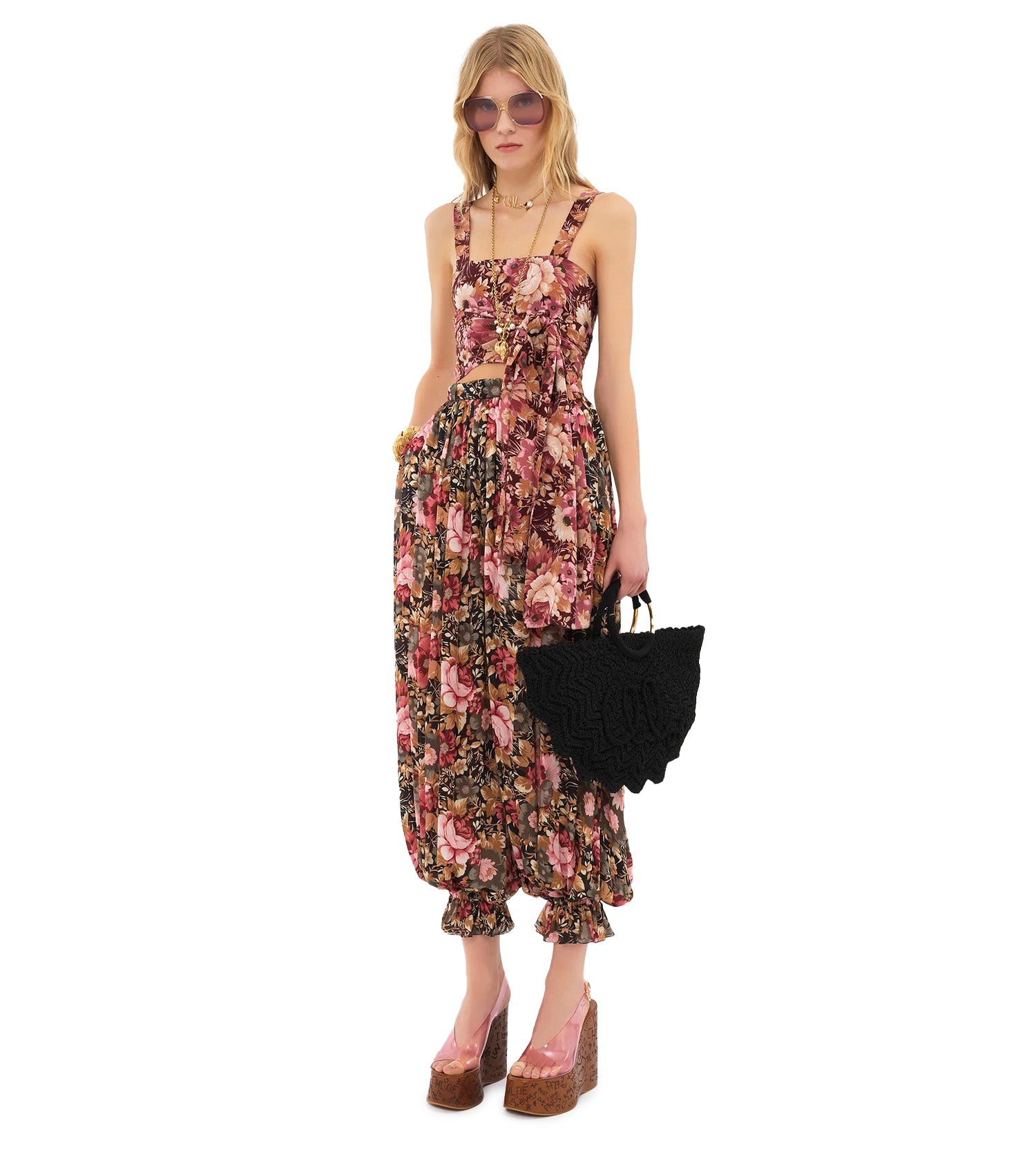 CHLOÉ Roses Print On Organic Silk Crepe De Chine Pants-Runway