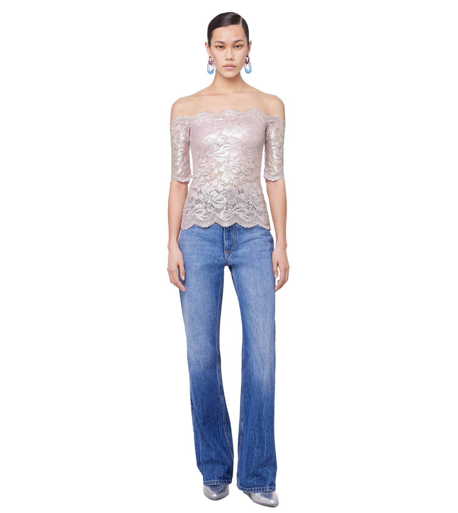 RABANNE Haut Top Short Sleeves Powder Pink And Silver