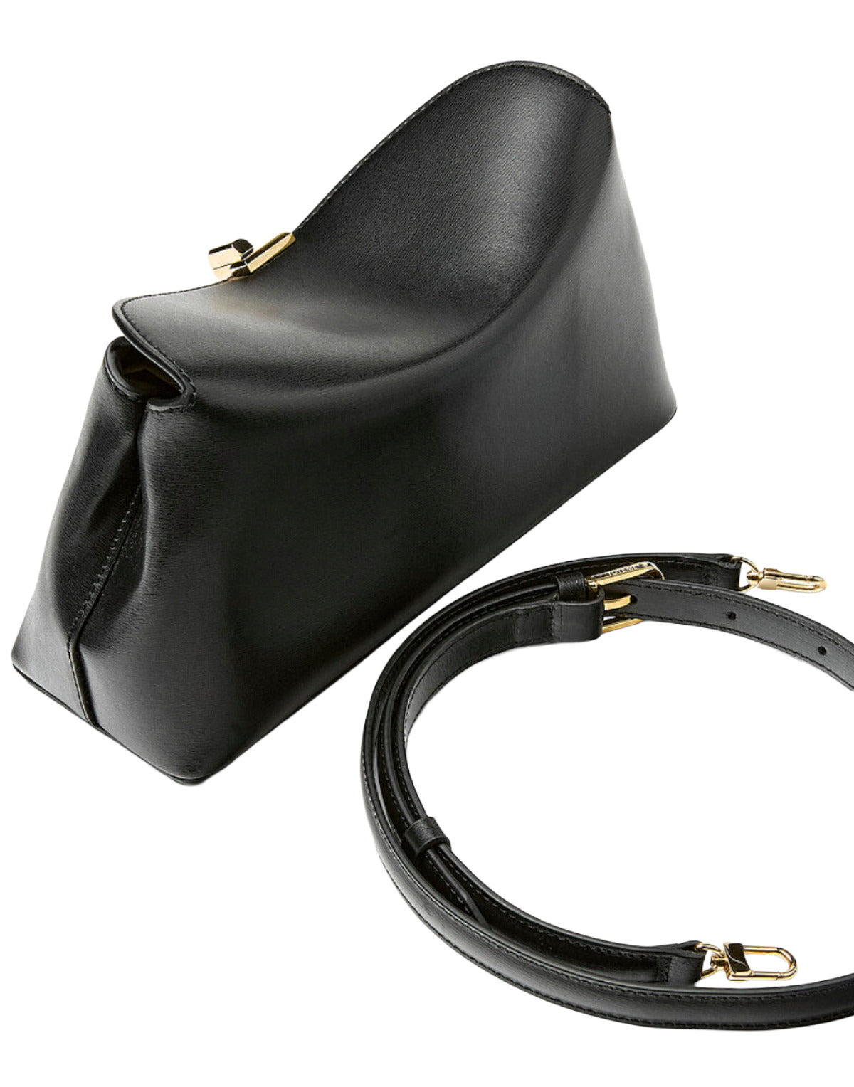 Black handbag with gold hardware on a white background