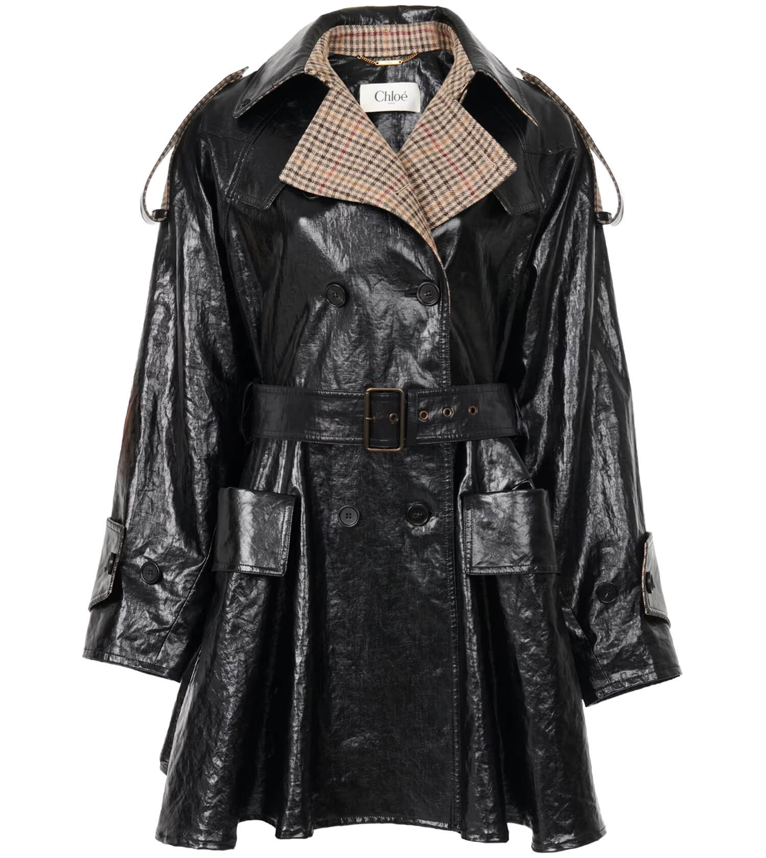 CHLOÉ Long Trench Coat With Check Patten On Collar
