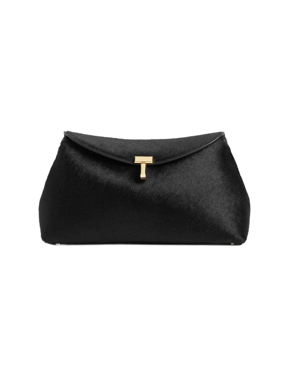 Black clutch bag with a gold clasp on a white background