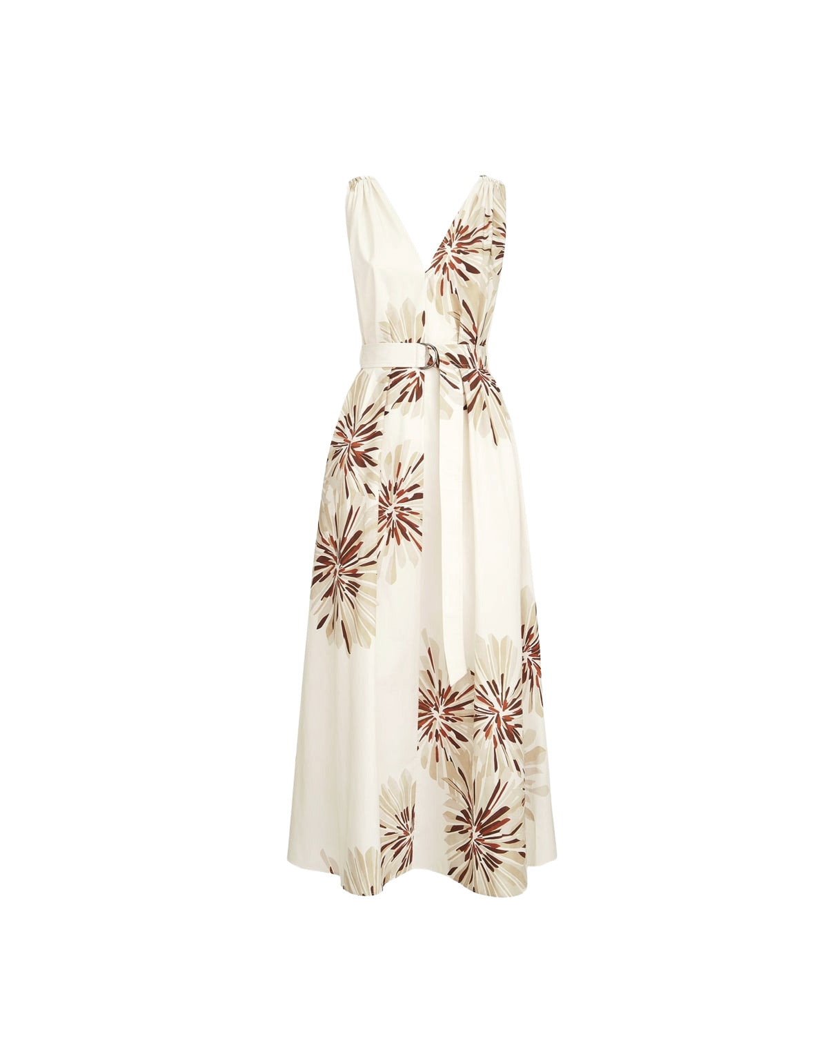 White dress with red floral pattern on a white background