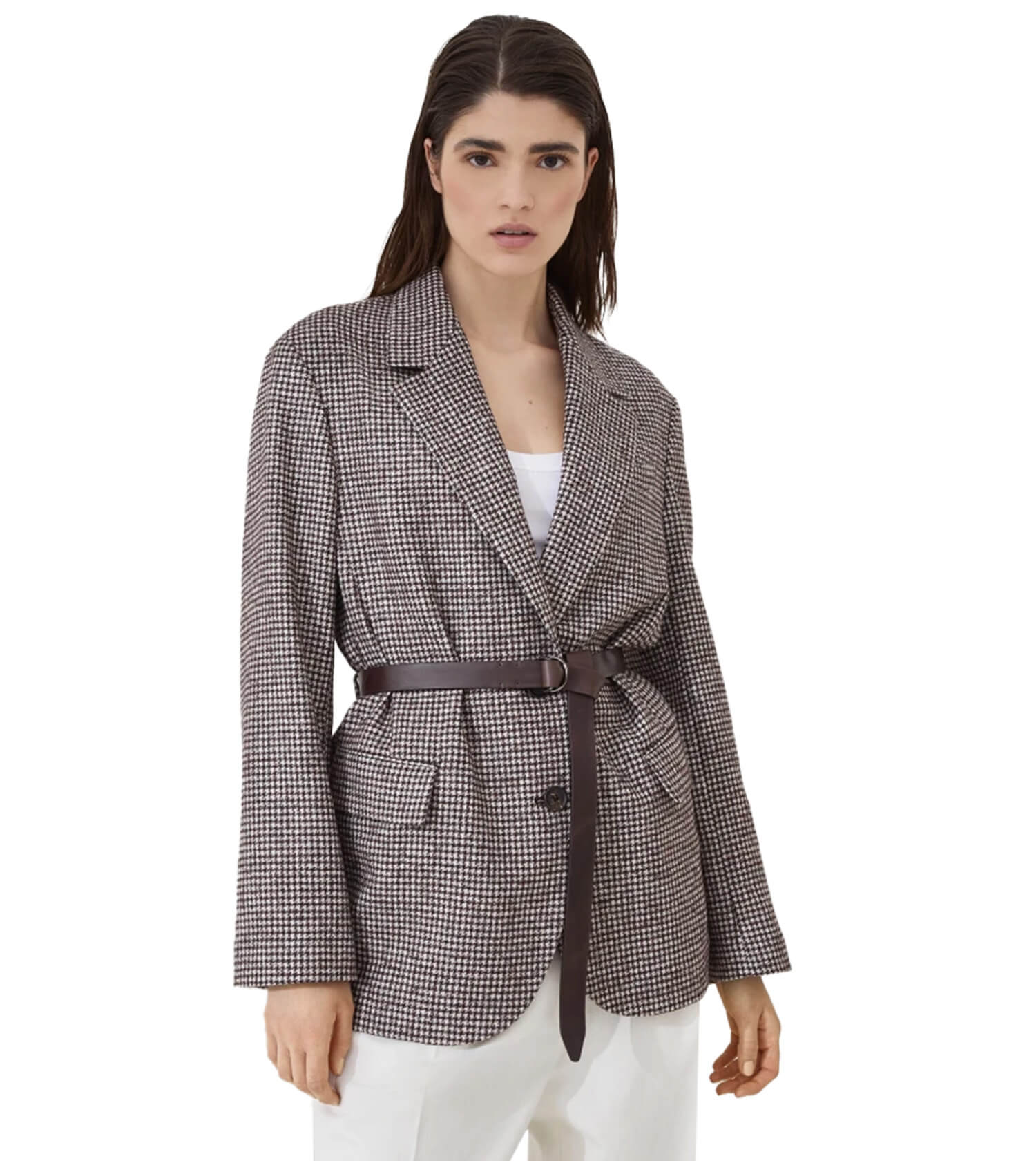 BRUNELLO CUCINELLI Wool And Alpaca Houndstooth Blazer With Leather Belt And Monili