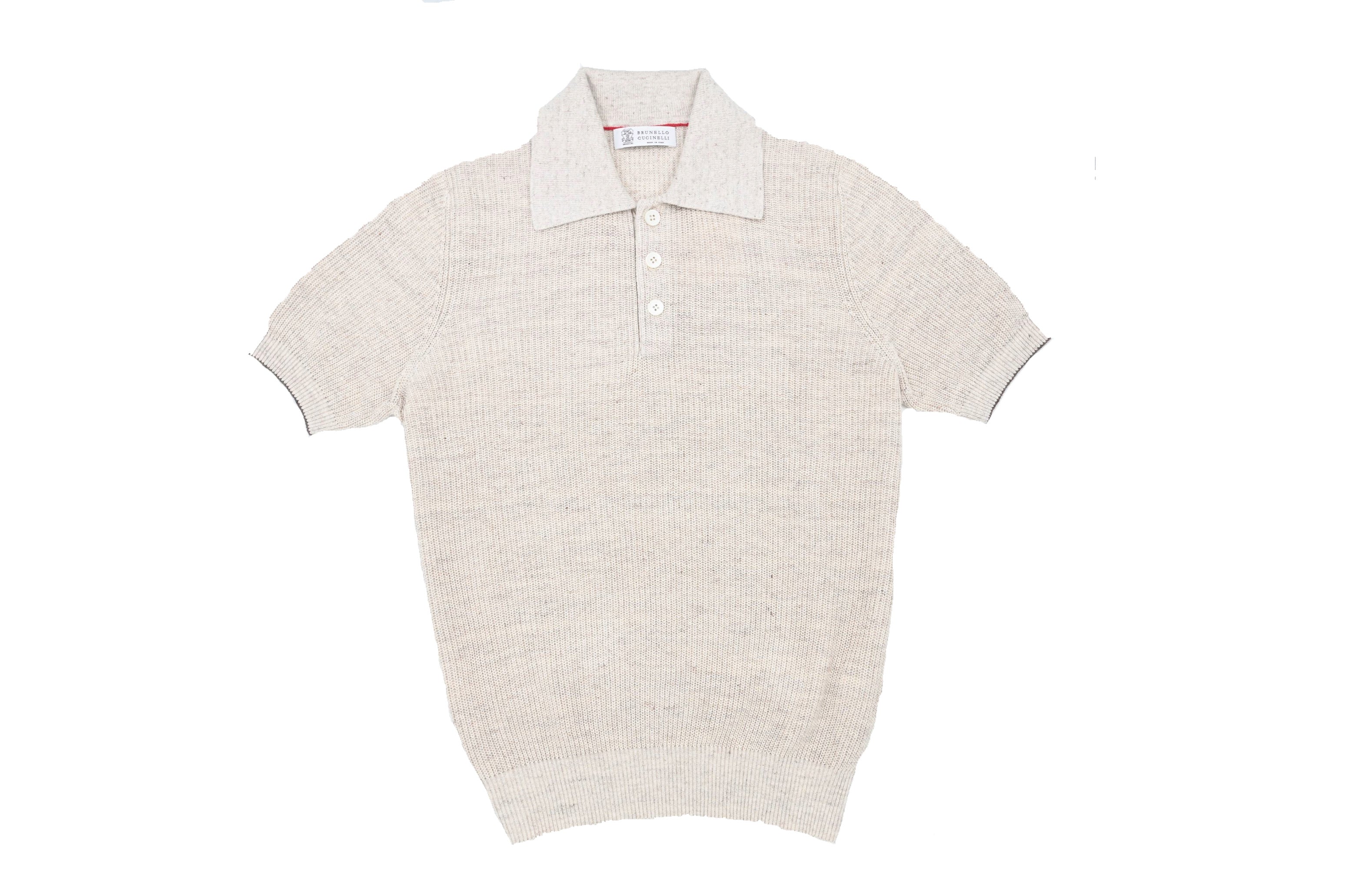 Beige short-sleeve knit polo shirt on a white background