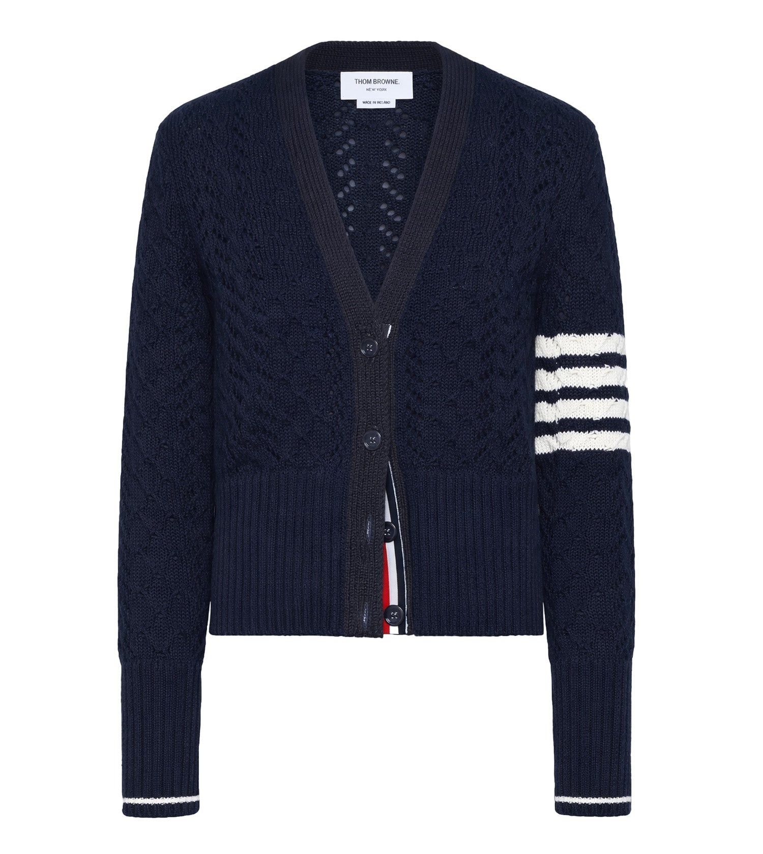 THOM BROWNE Cable Pointelle Stitch Classic Cardigan with 4 Bar Stripe