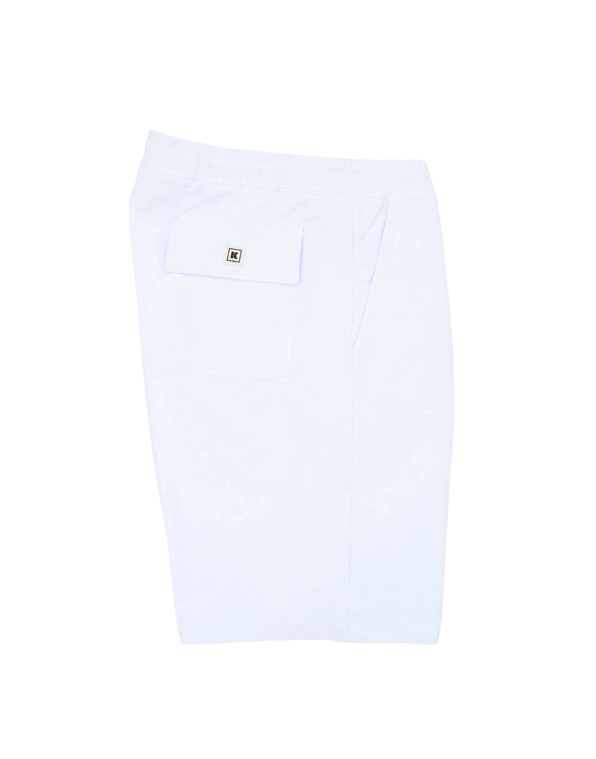 White shorts with a small logo on a white background