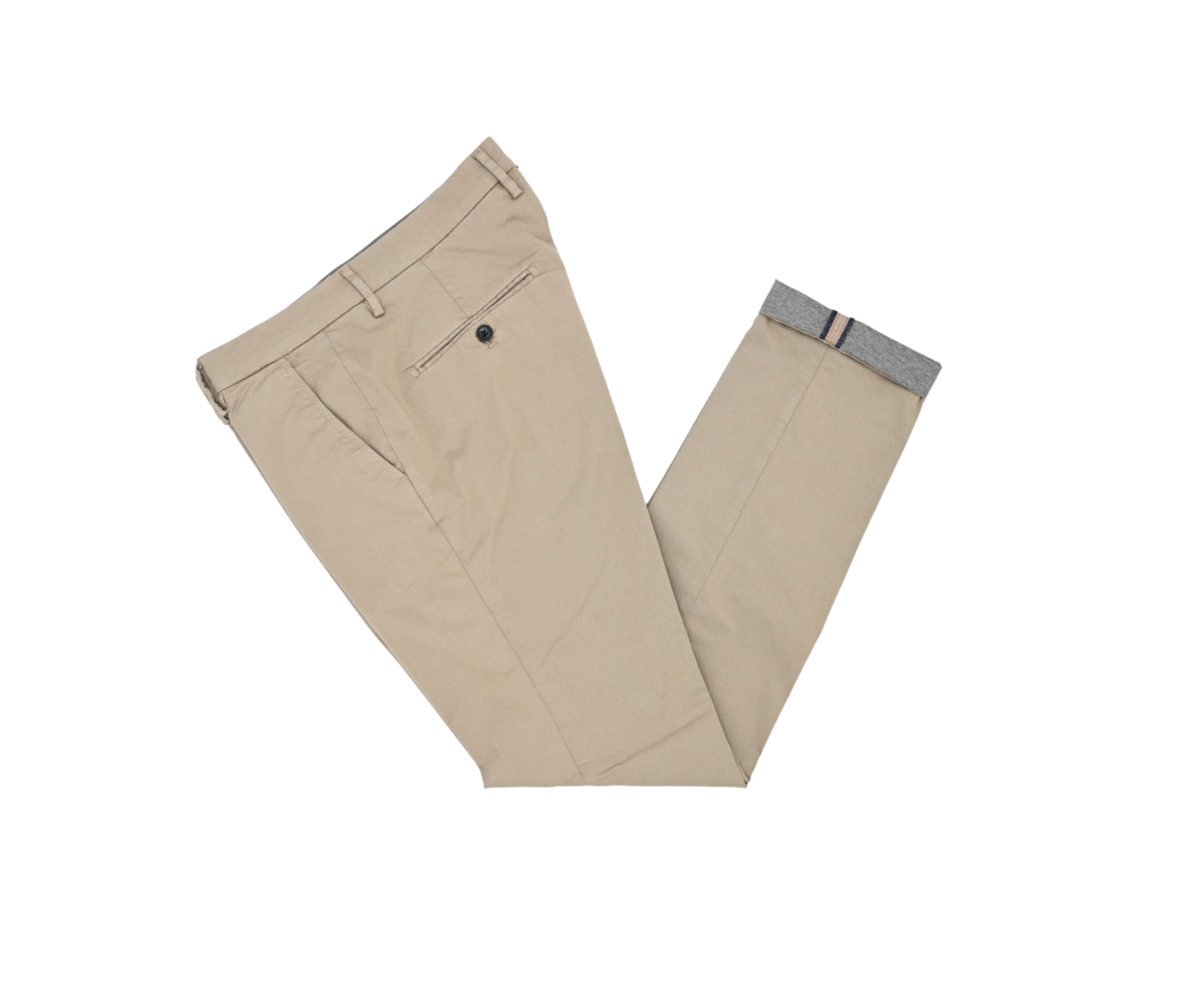 Beige pants with a gray waistband on a white background