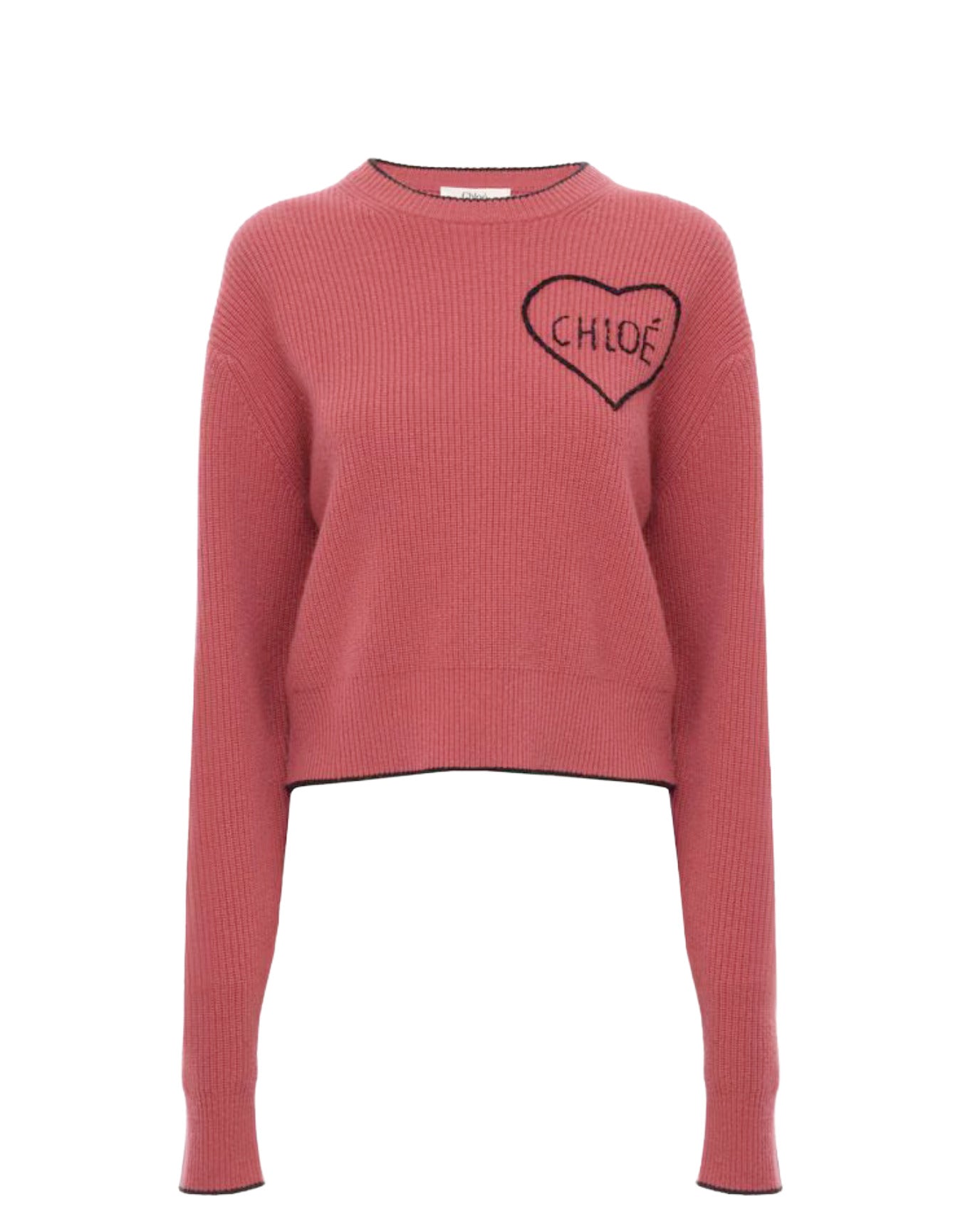 Pink sweater with a heart-shaped logo on a white background