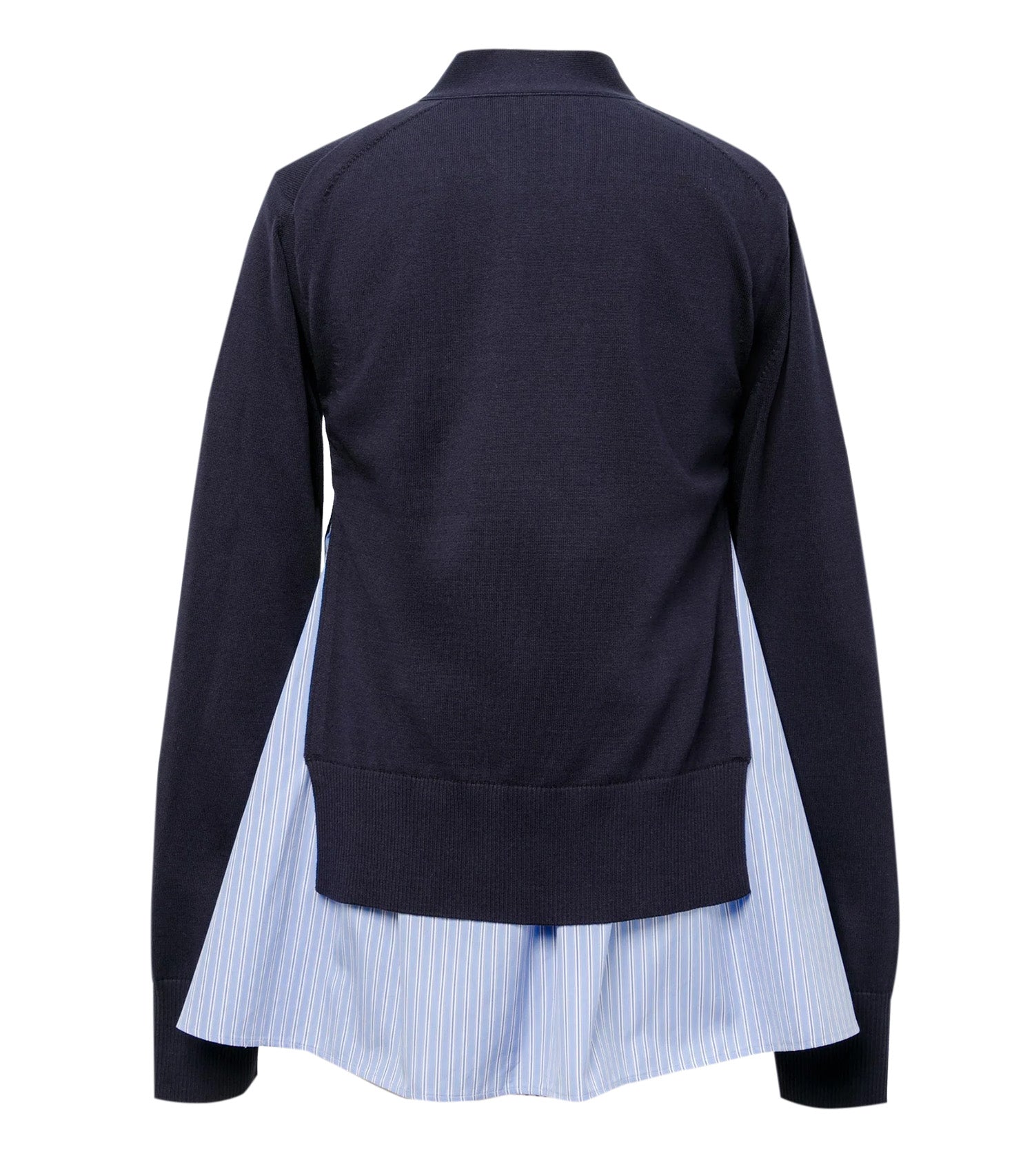 SACAI Poplin x Cotton Knit Navy Cardigan with Blue and White Stripe