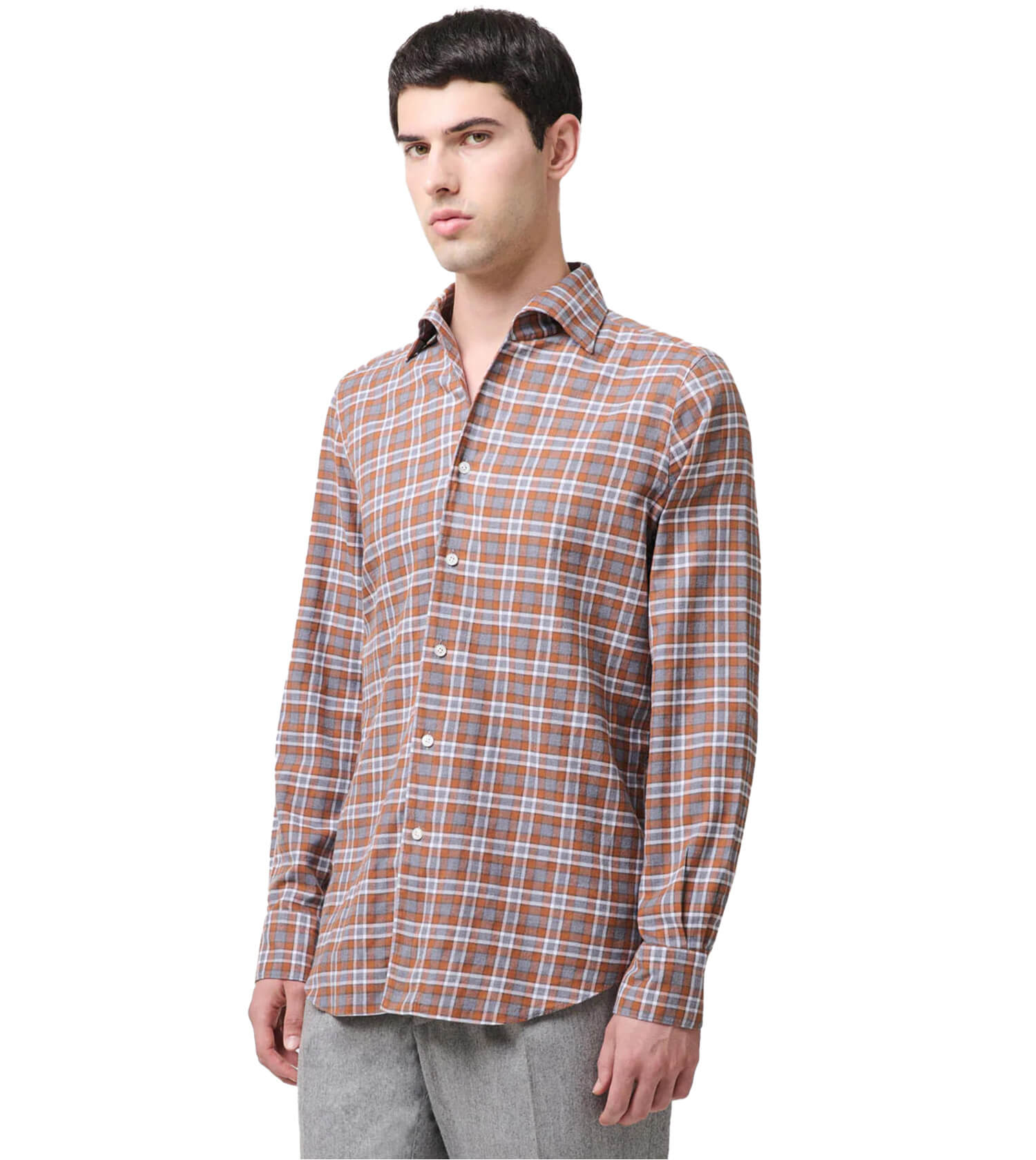 FINAMORE Brushed Cotton Plaid Sport Shirt