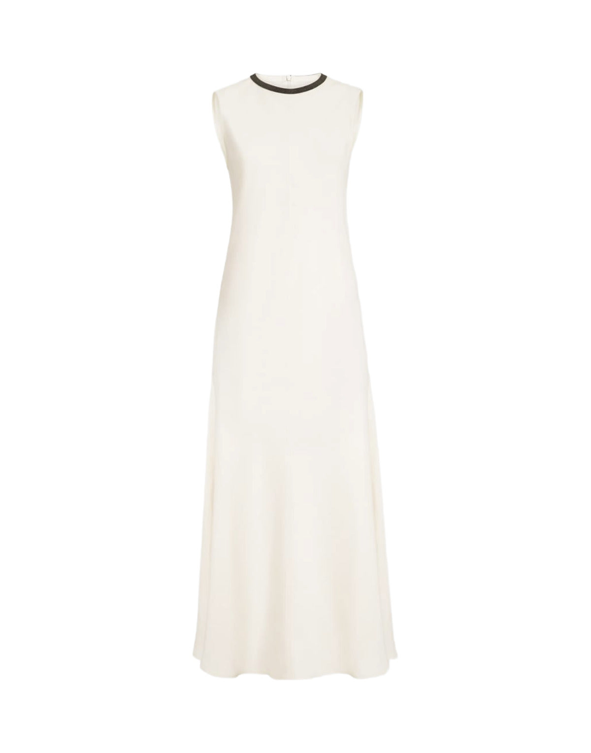 White sleeveless dress with black trim on a white background
