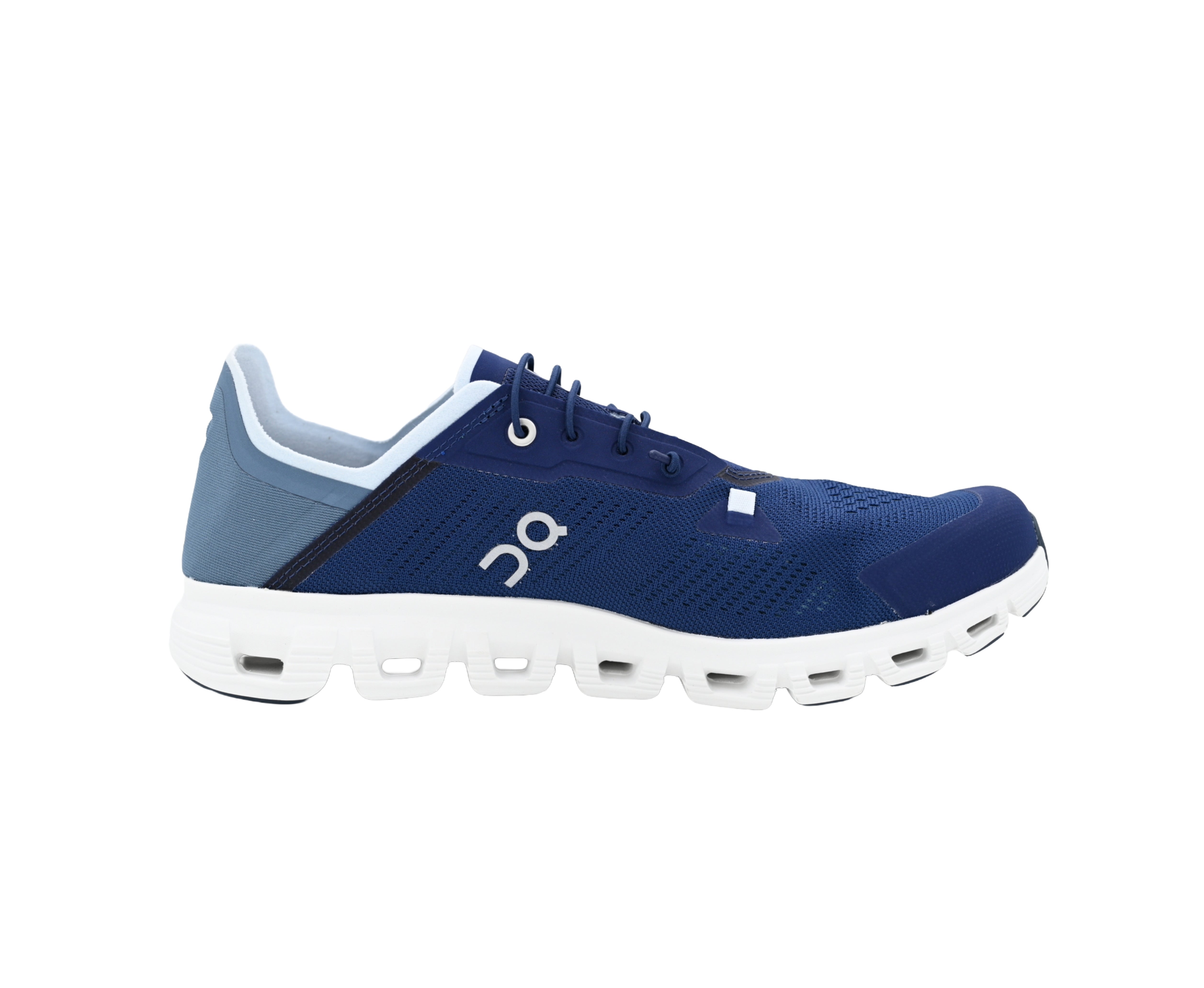 Blue running shoe with white sole on a white background