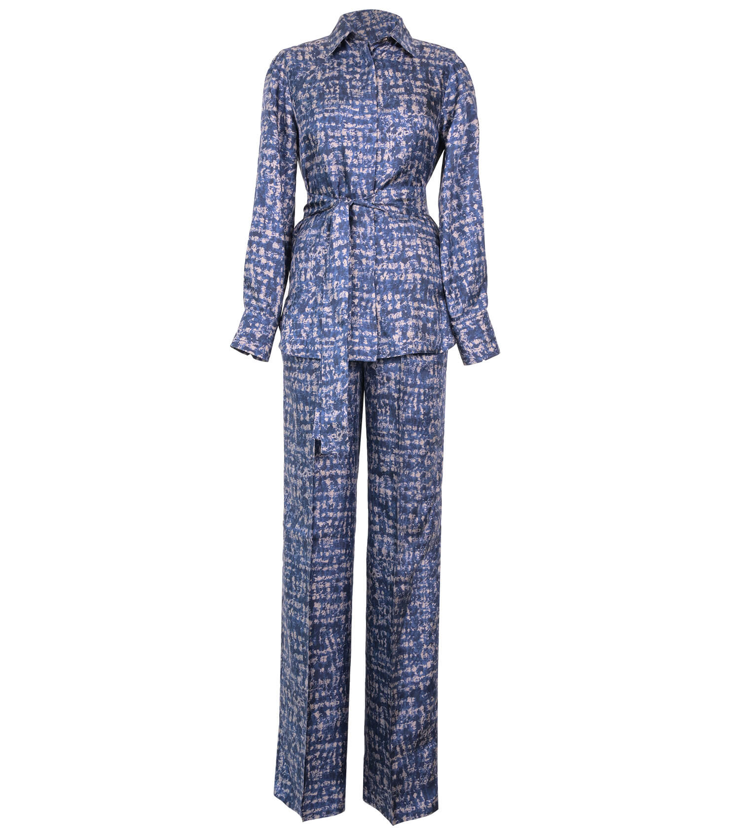 KITON Blue Geometric Printed Silk Blouse With Belt