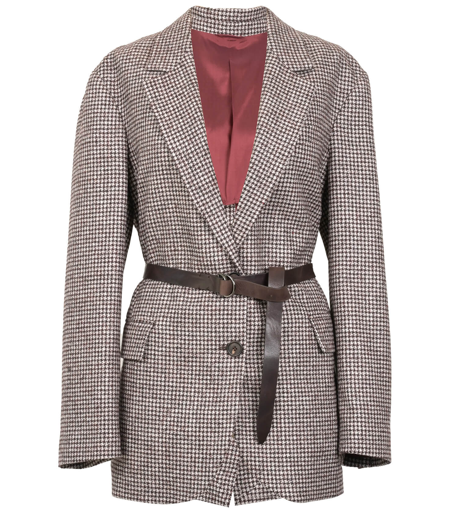 BRUNELLO CUCINELLI Wool And Alpaca Houndstooth Blazer With Leather Belt And Monili