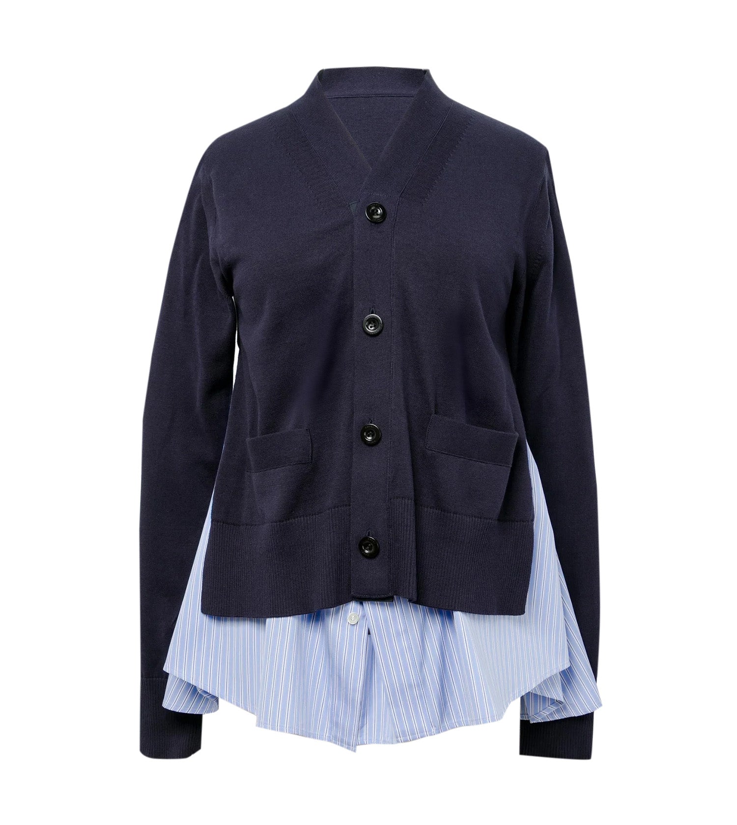 SACAI Poplin x Cotton Knit Navy Cardigan with Blue and White Stripe