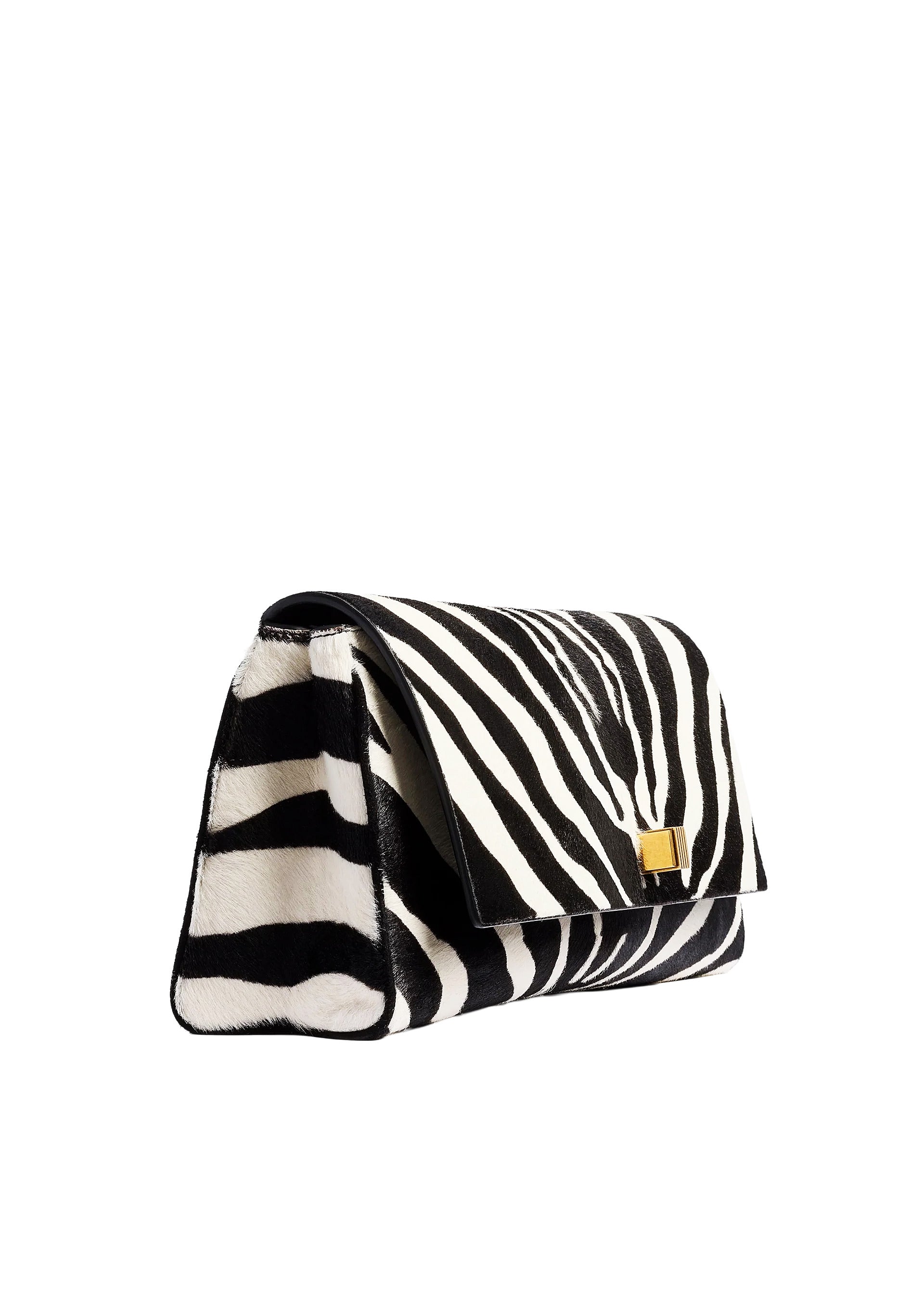 Zebra-patterned handbag with a gold clasp on a white background