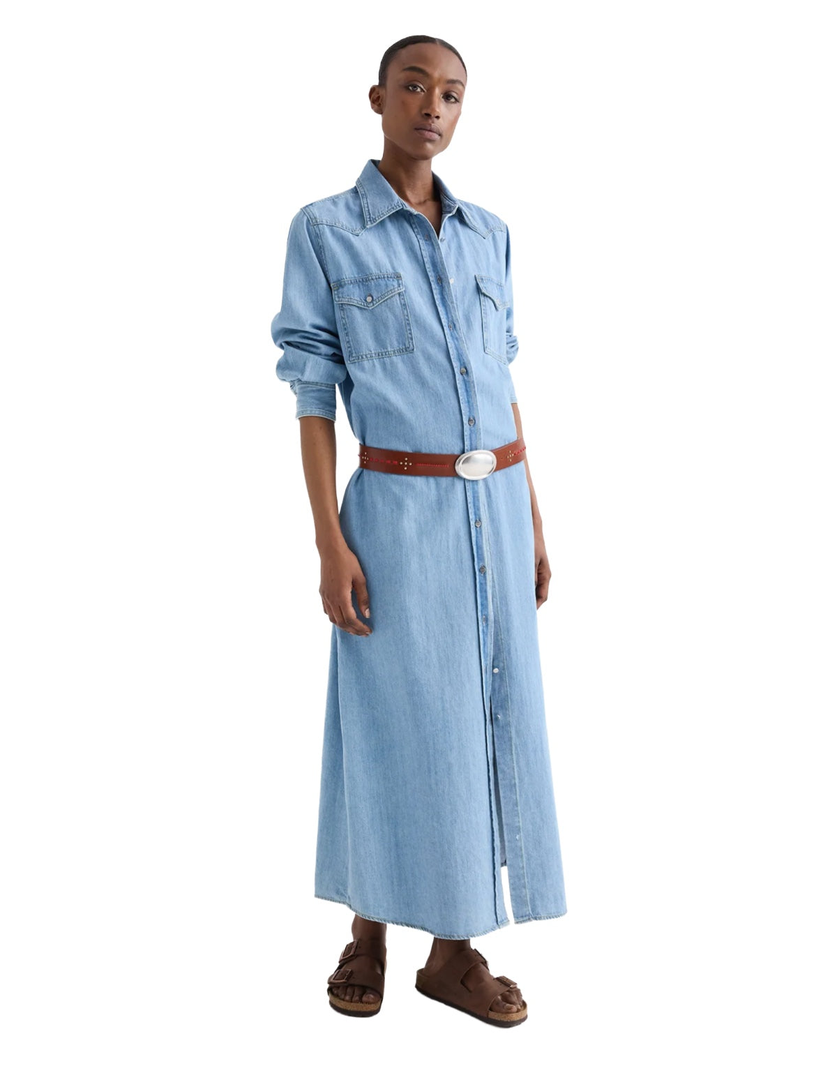 twp denim dress TWP Women's Cowboy Maxi Dress With Snaps in Denim - Newport
