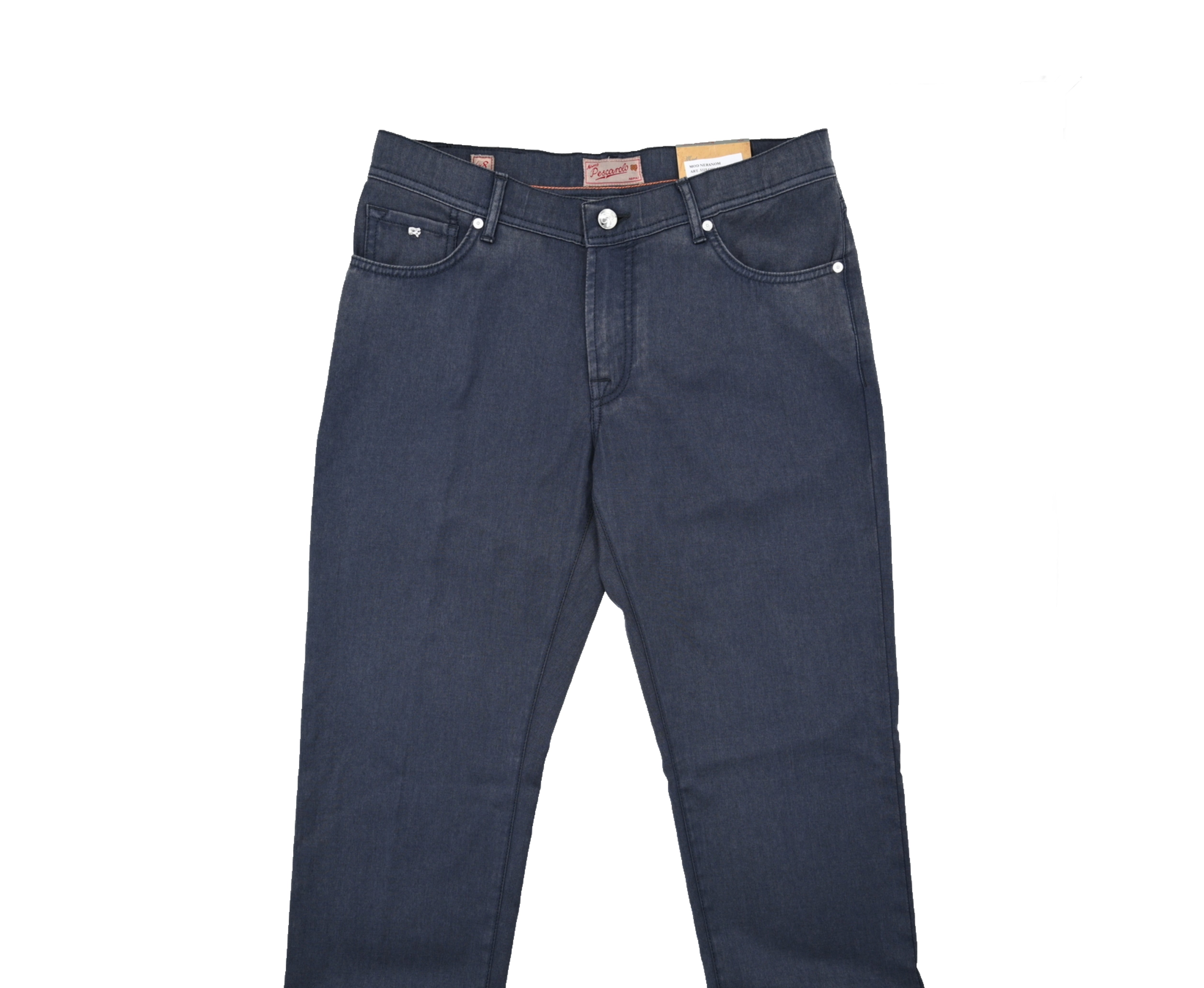 Pair of dark blue jeans on a white background