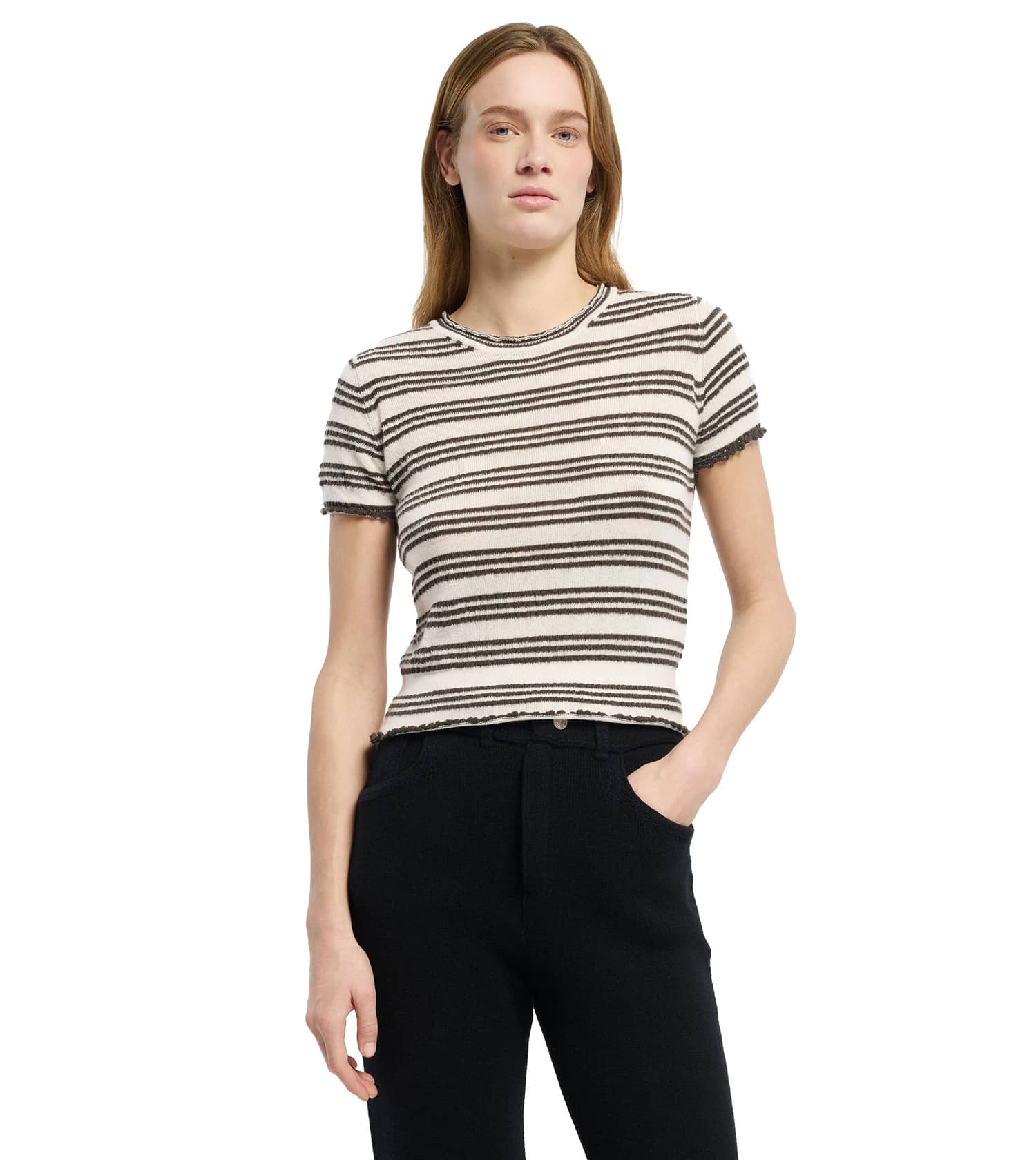 BARRIE Short Sleeve Cashmere and Cotton Striped Knit