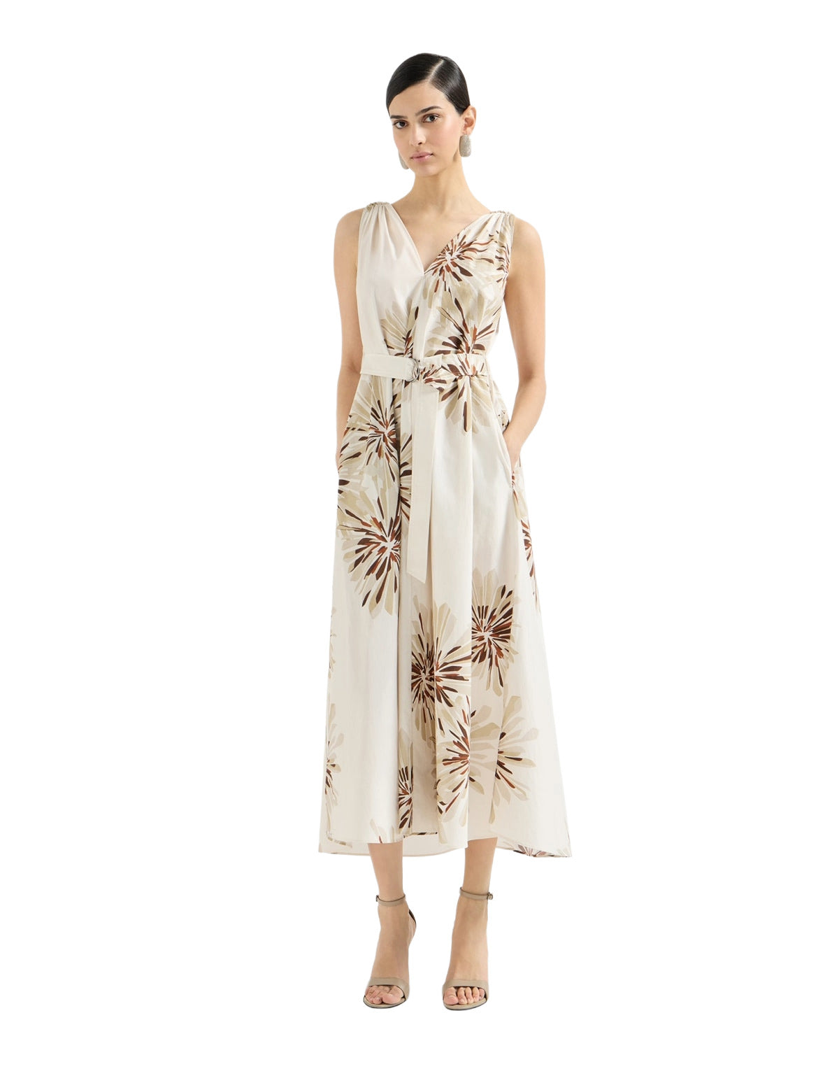 Woman wearing a floral dress on a white background