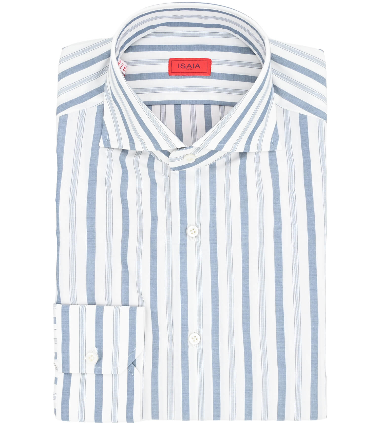 ISAIA White Ground with Blue Track Stripe Dress Shirt