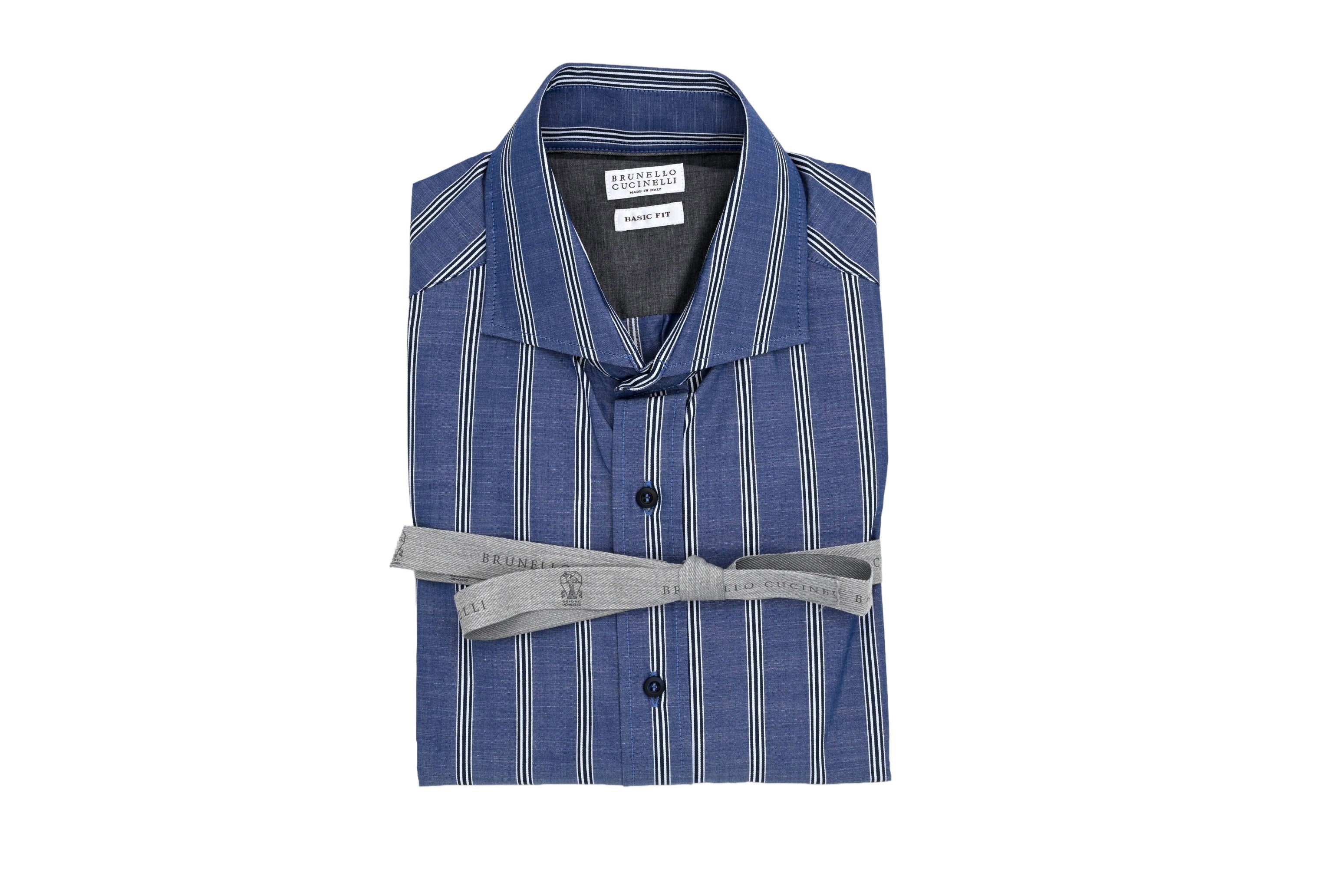 Blue striped shirt with a gray bow tie on a white background