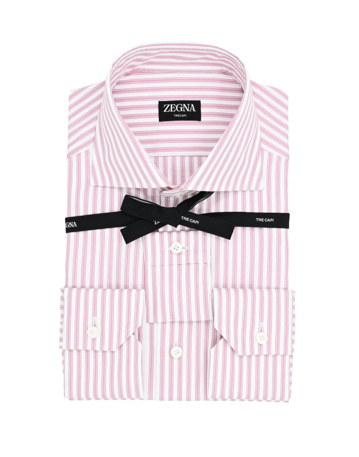 Pink and white striped dress shirt with black bow tie on a white background, featuring Zegna branding.