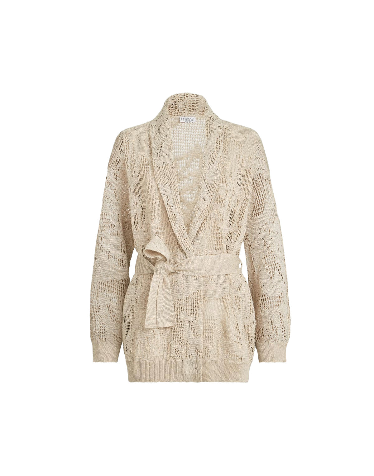 Beige knitted cardigan with a belt on a white background