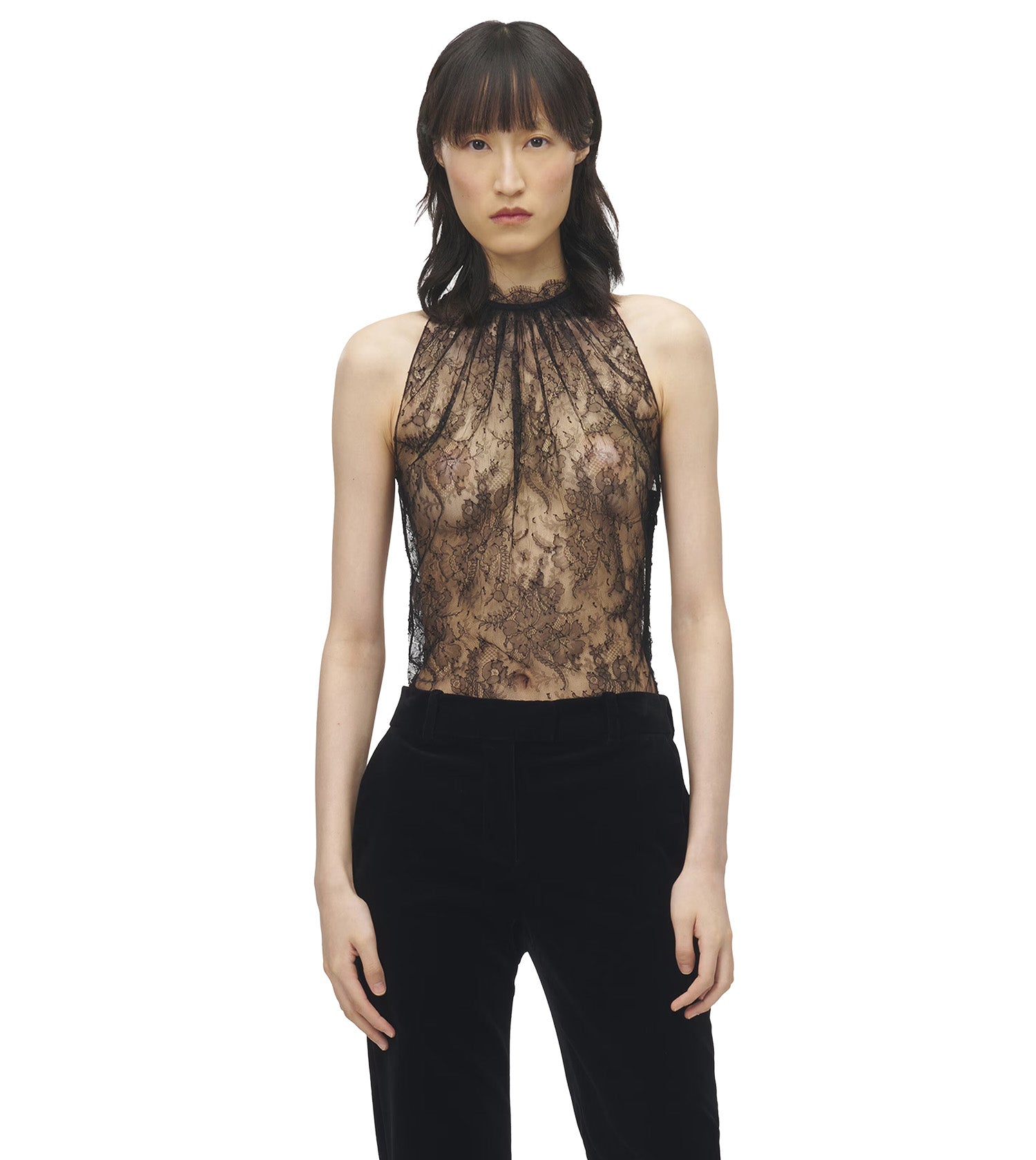 MQUEEN Floral Lace Sleeveless Top in Black