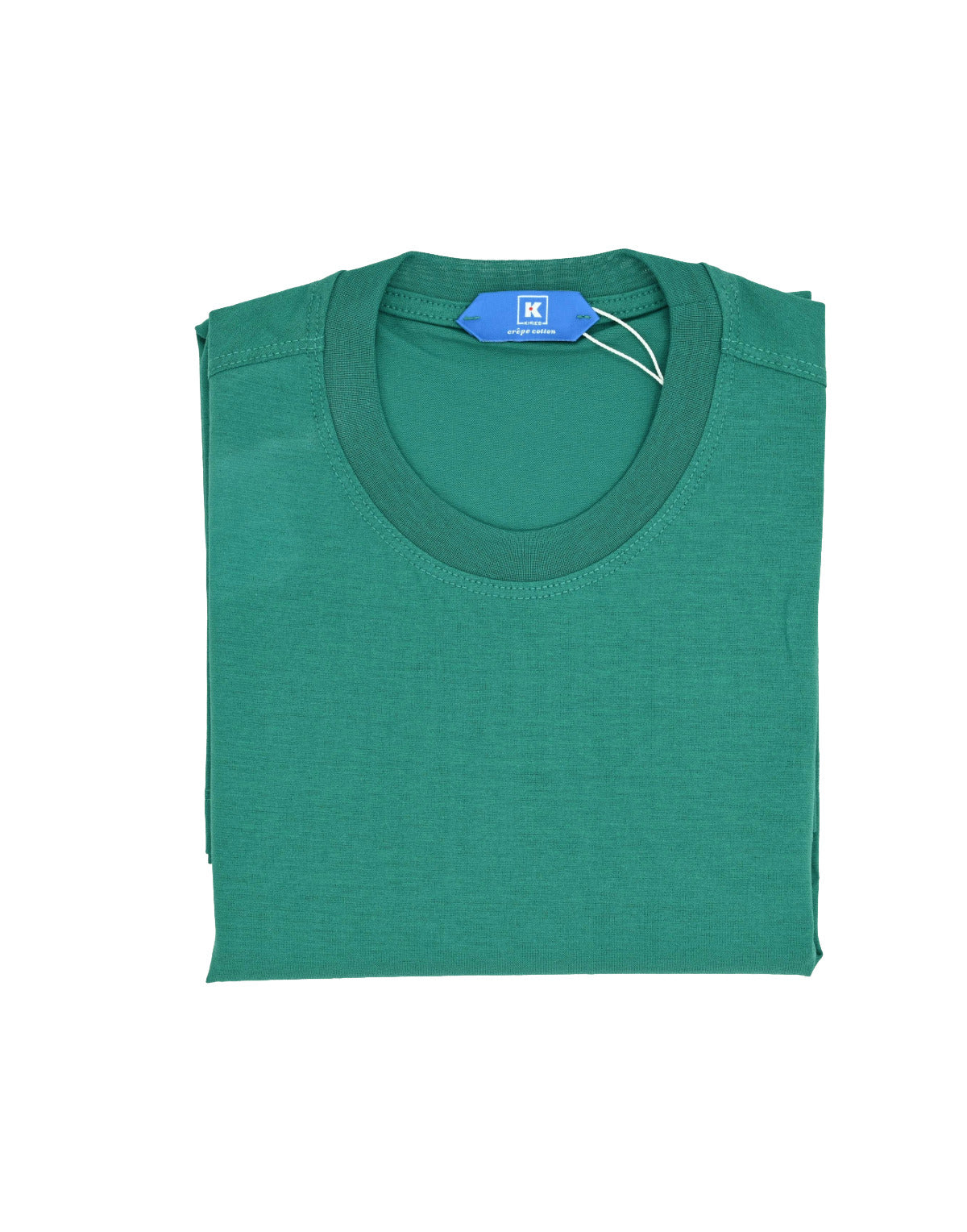 Green t-shirt with a brand tag on a white background
