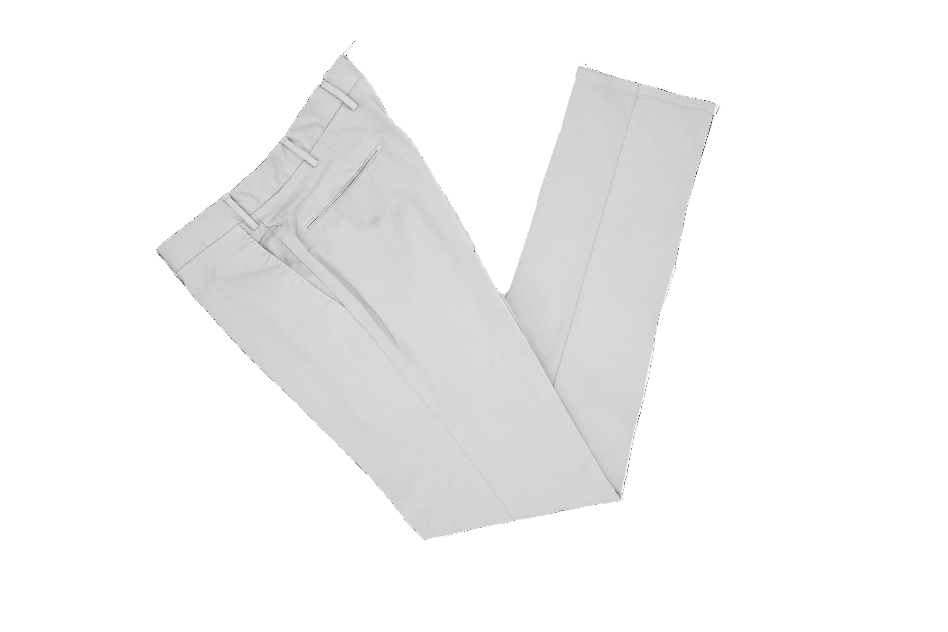 Folded light gray pants on a white background