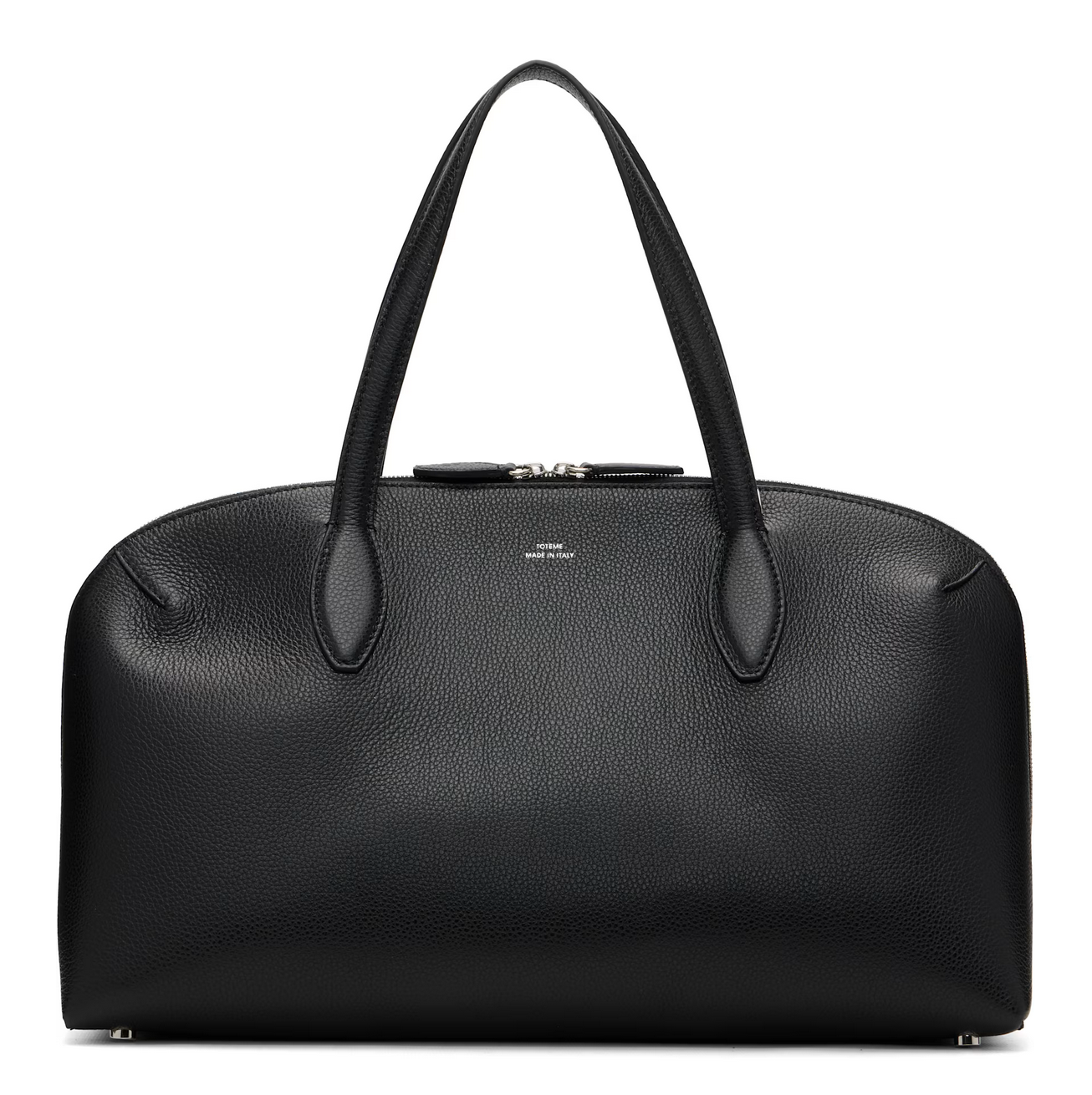 Black leather handbag with a visible brand logo on a white background
