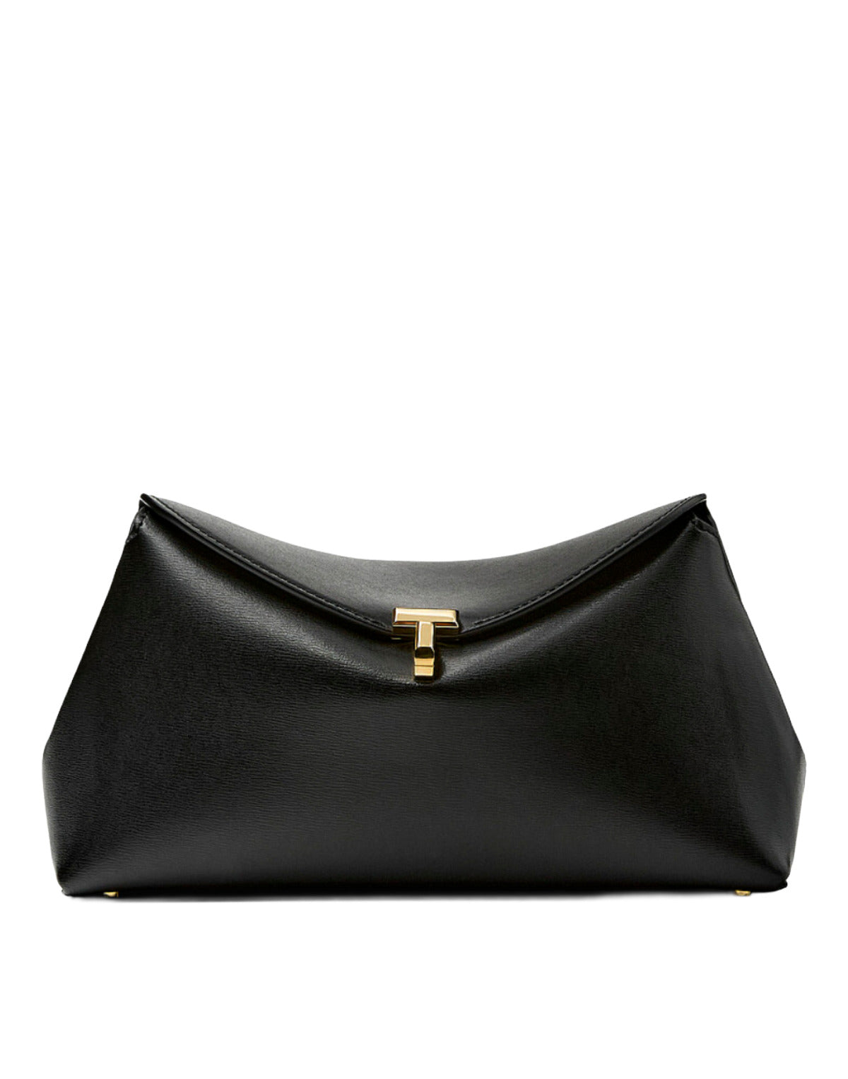 Black handbag with a gold clasp on a white background