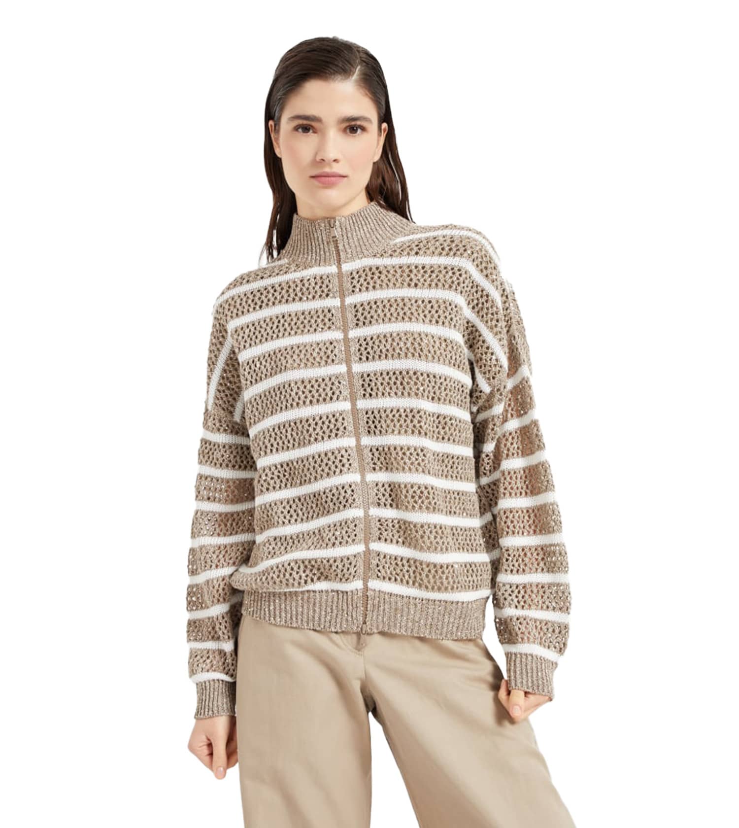 BRUNELLO CUCINELLI Striped Linen/Cotton Zip-Up Sweater