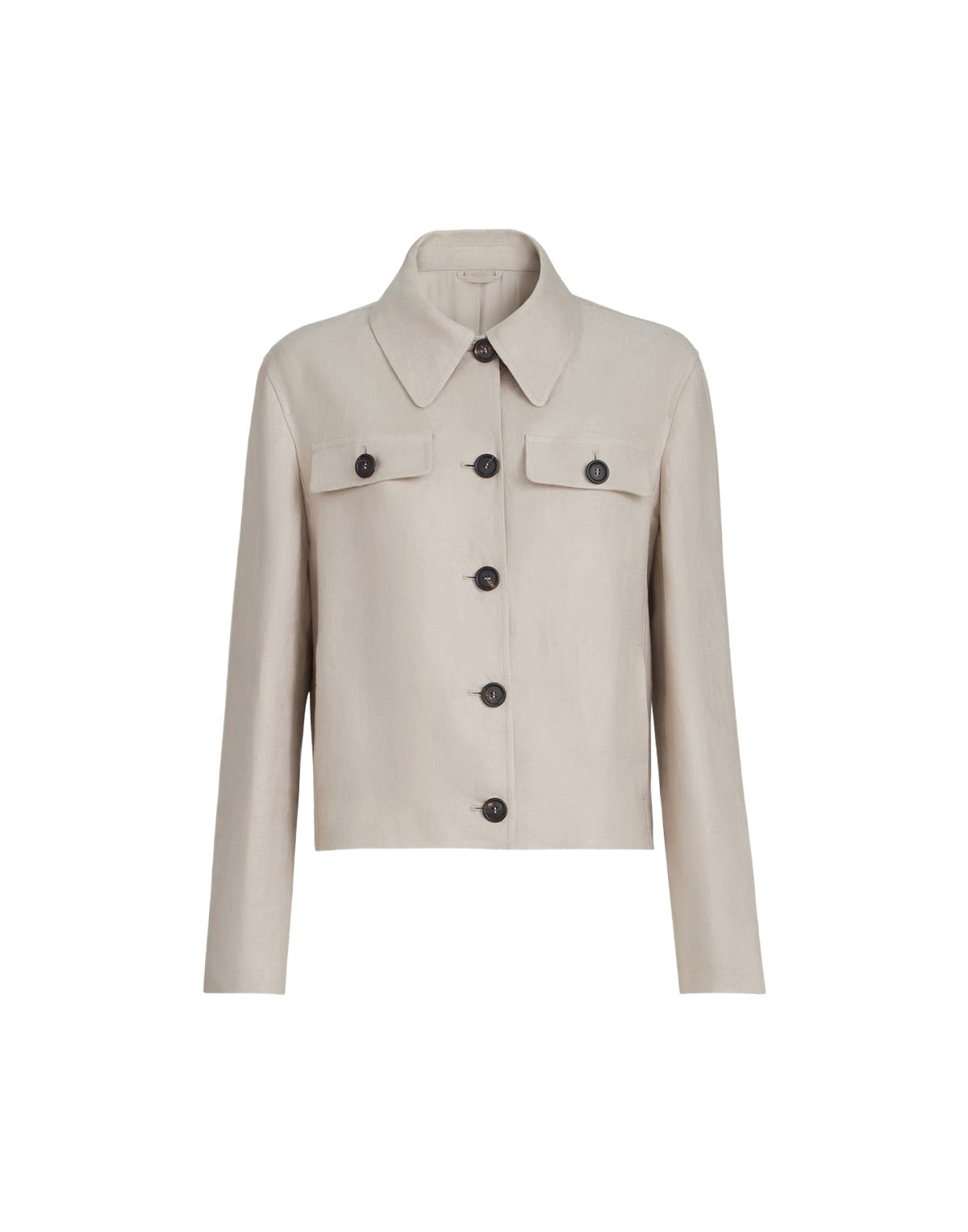 Beige jacket with button details on a white background