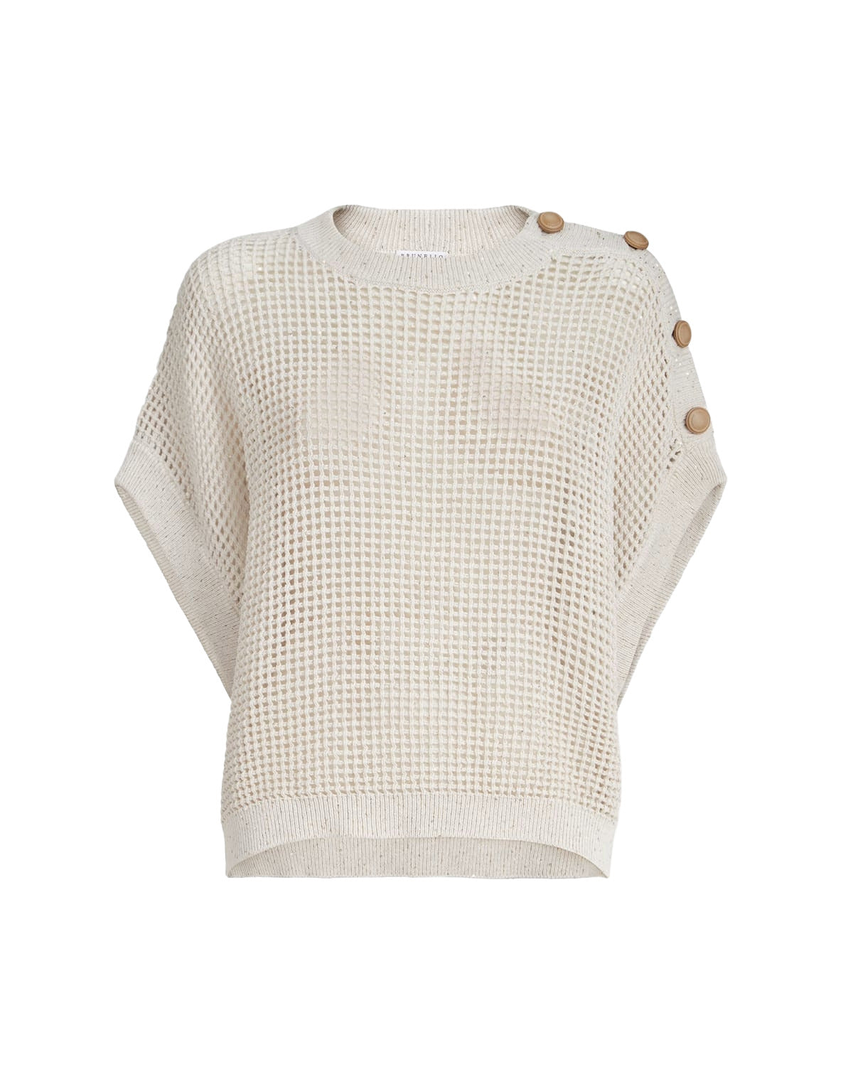 Beige knitted poncho with button details on a white background