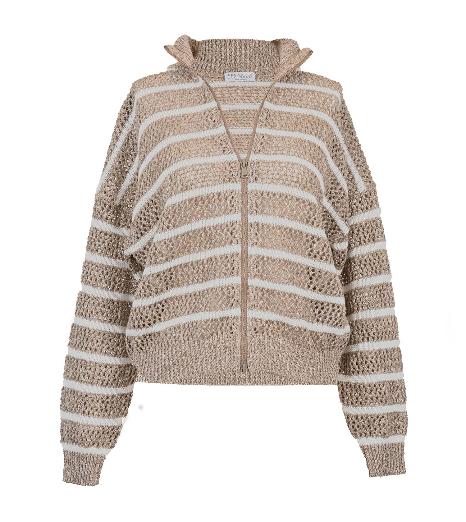 BRUNELLO CUCINELLI Striped Linen/Cotton Zip-Up Sweater