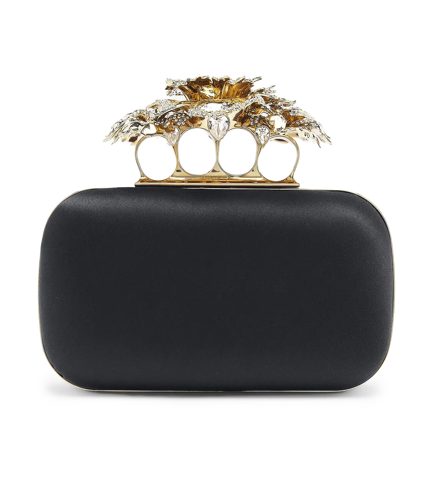Black clutch with gold floral clasp on a white background
