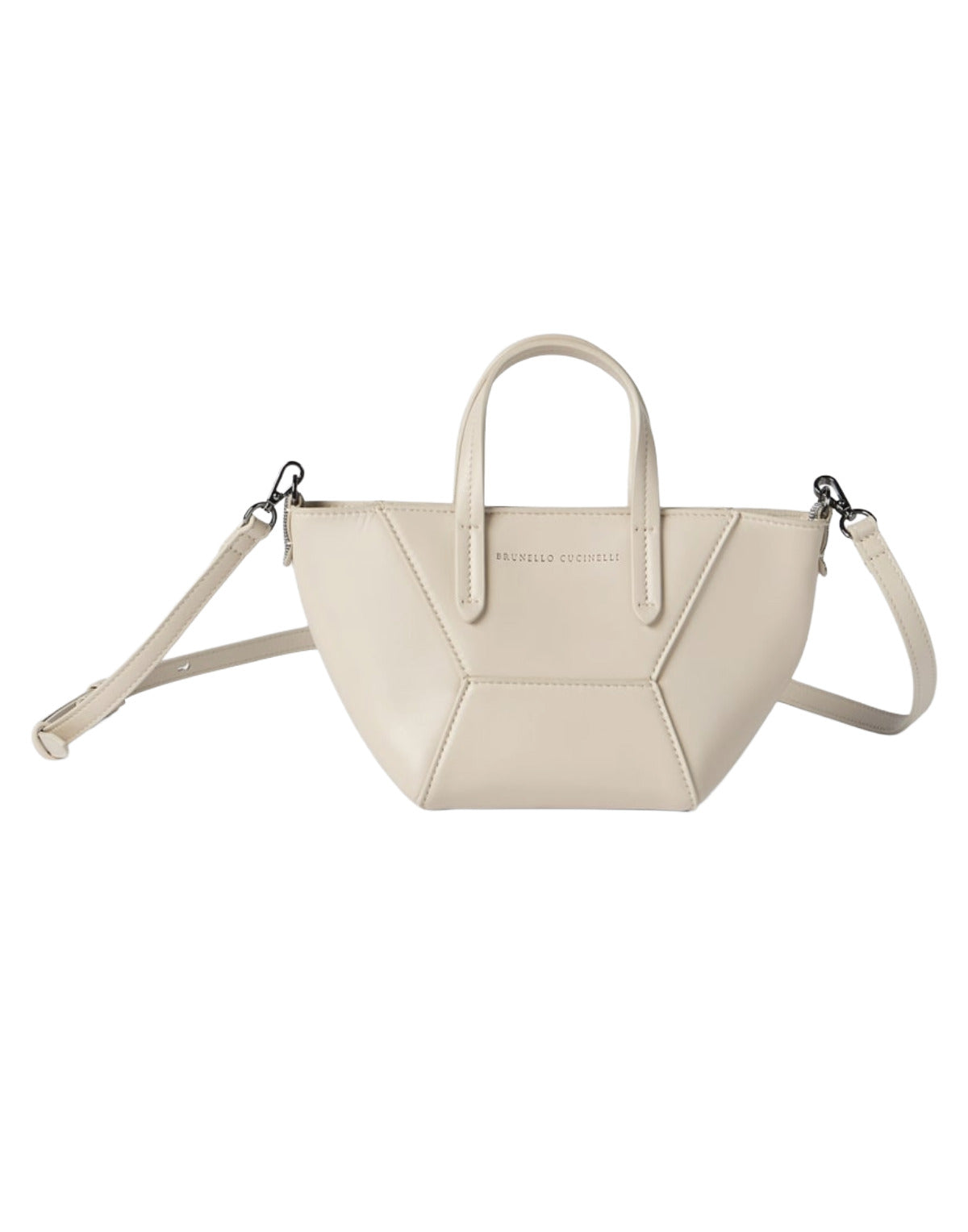 Beige handbag with geometric design on a white background