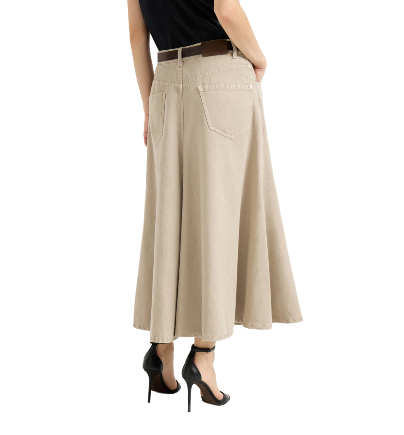 Beige wide-leg pants worn by a person on a white background