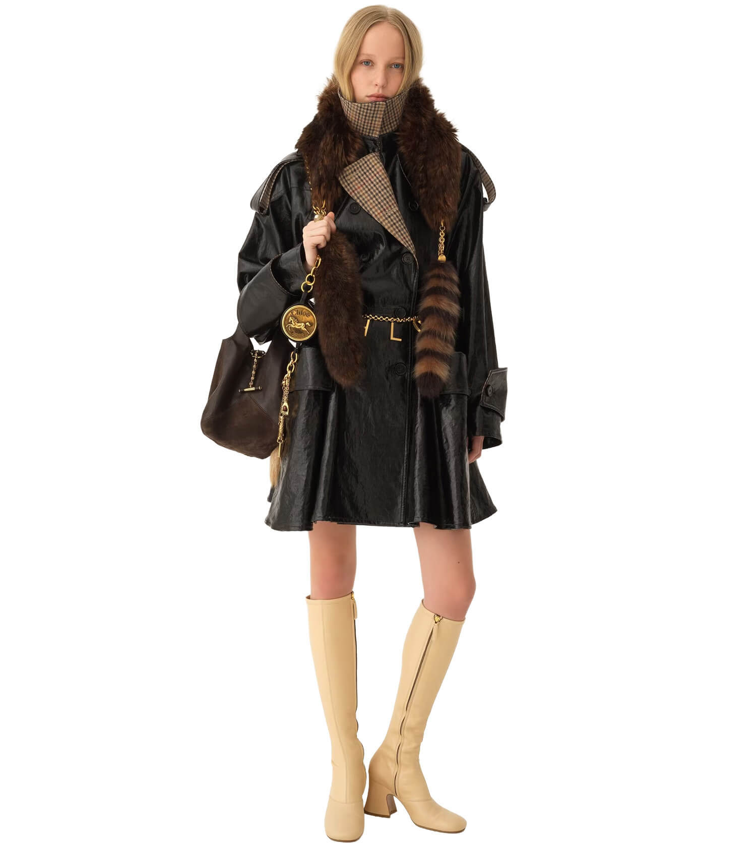 CHLOÉ Long Trench Coat With Check Patten On Collar