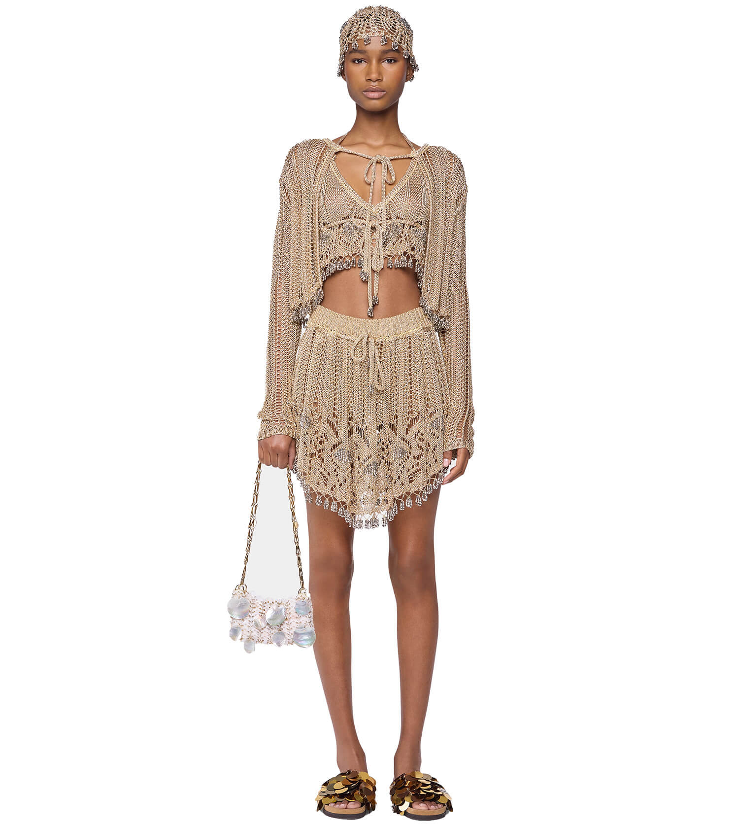 RABANNE Cardigan In Crochet Adorned With Silver Beads