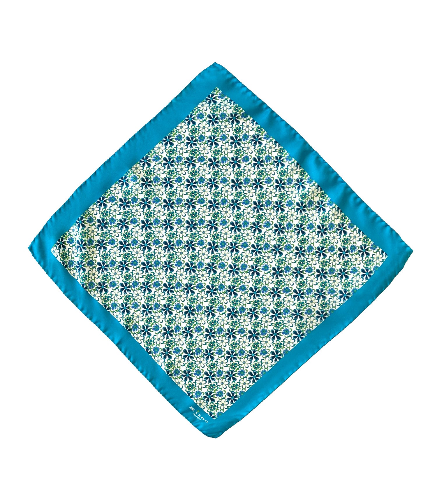 KITON Teal Border with Modern Floral Pattern Silk Pocket Square.