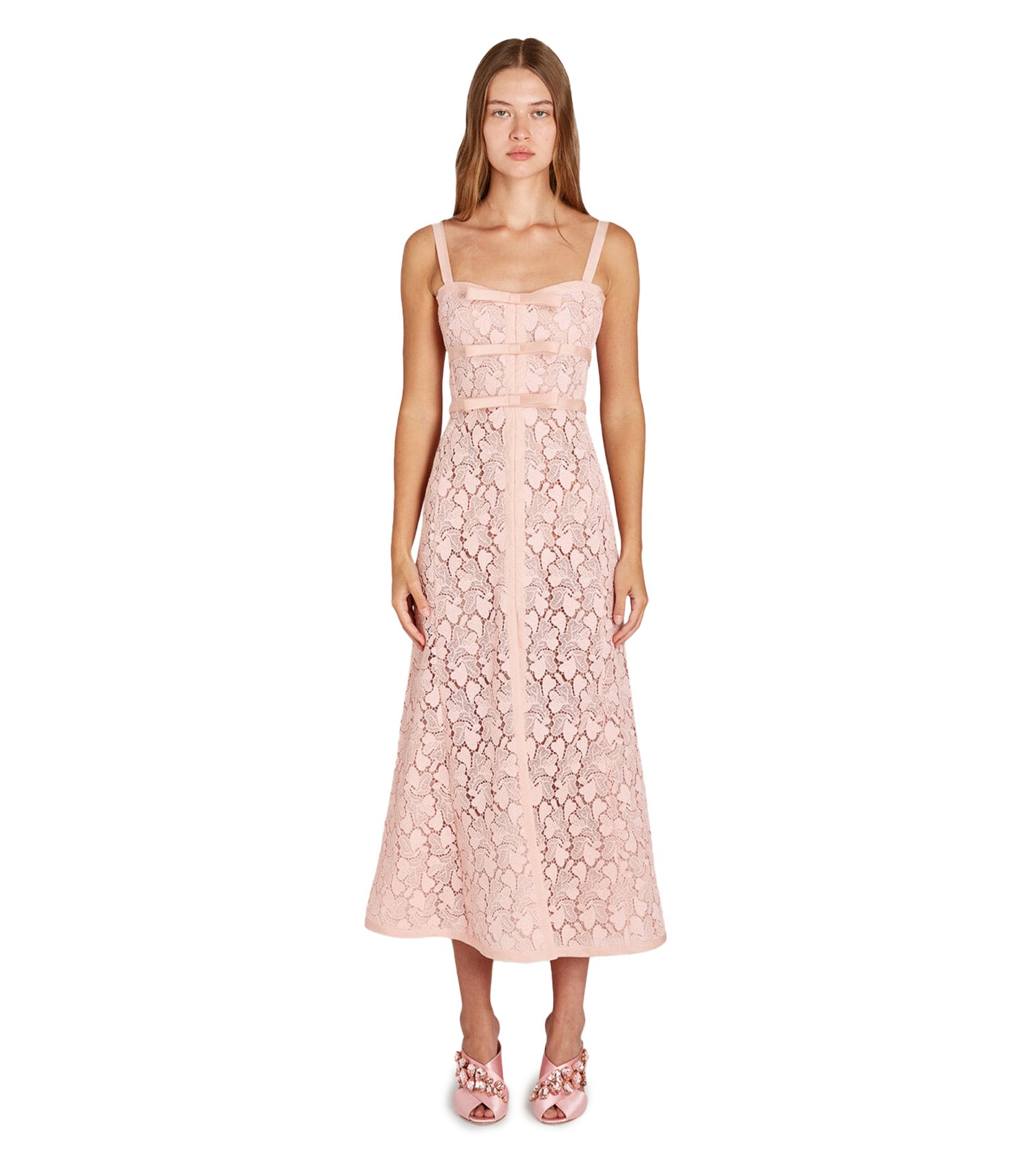 GIAMBATTISTA VALLI Rose quartz macramé midi dress with bows