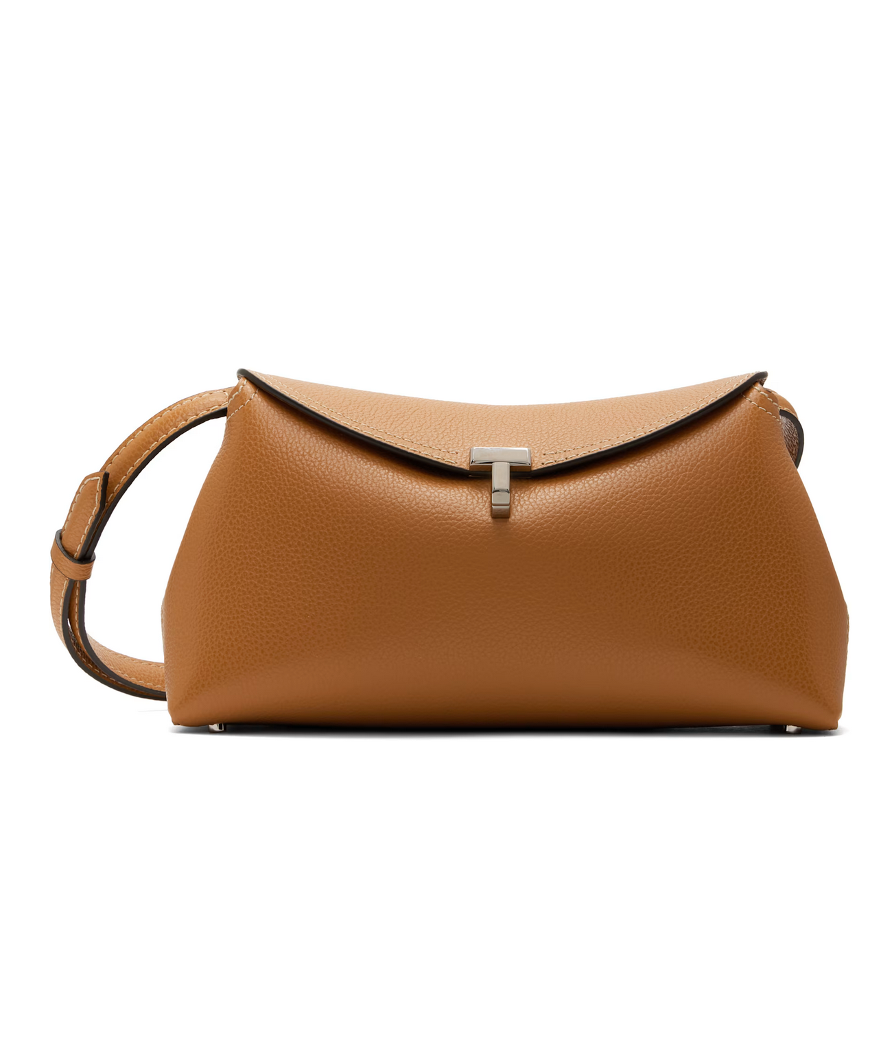 Brown leather handbag with a silver clasp on a white background